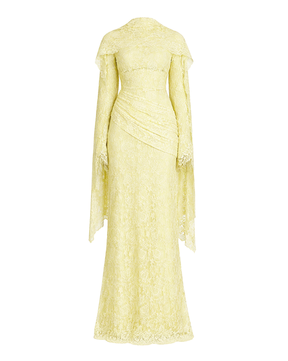 Pastel Yellow Lace Cape Maxi Gown