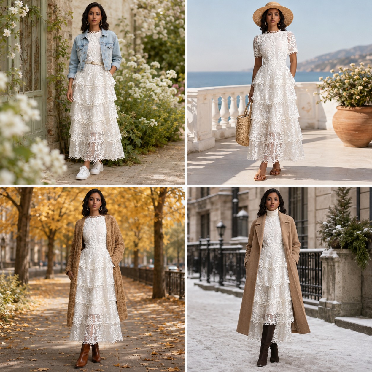 woman wearing a printed maxi dress styled for four seasons