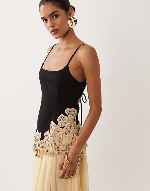 Embellished crochet flower maxi dress in black and neutral