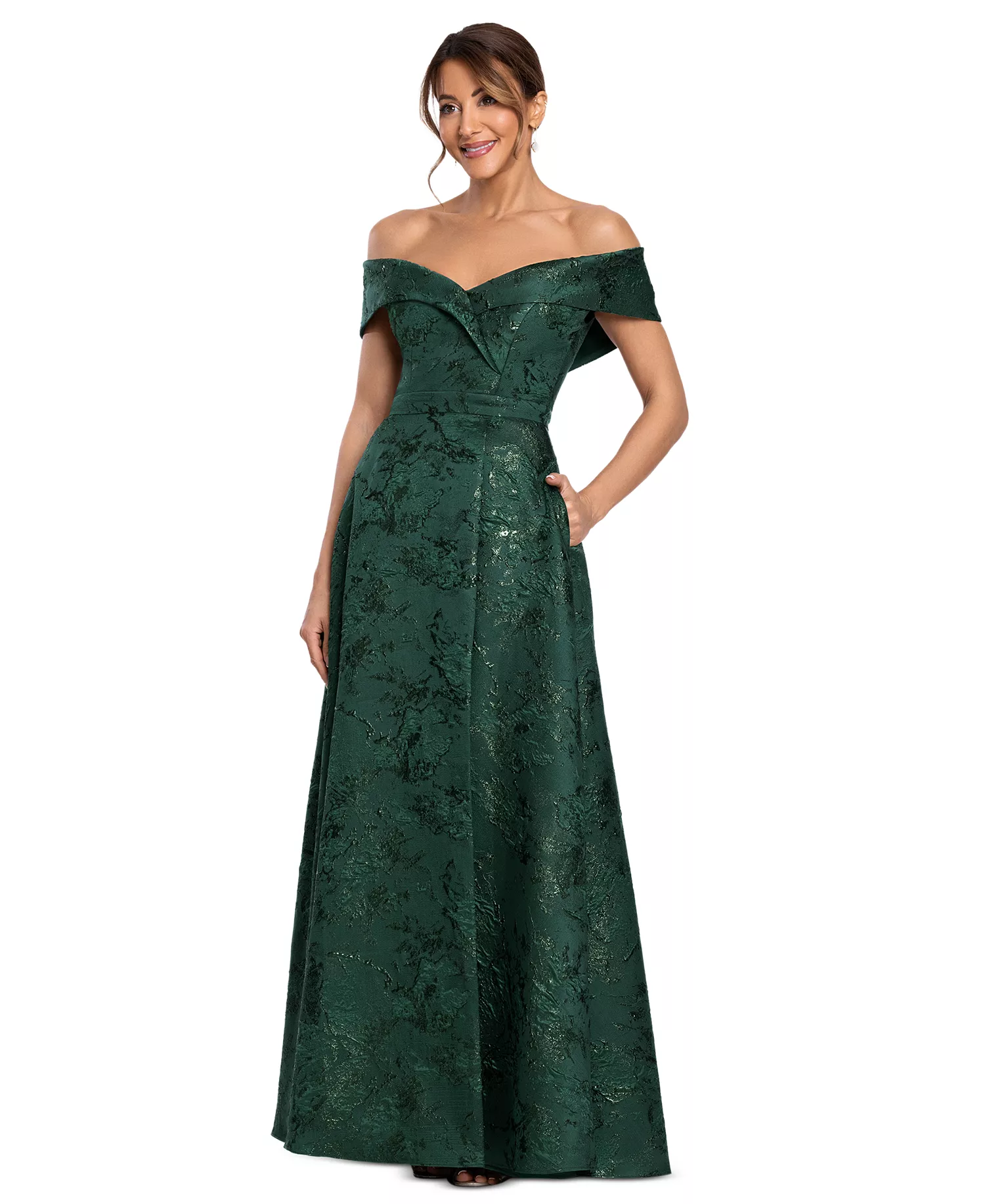 Women's Metallic Brocade Off-the-Shoulder Gown