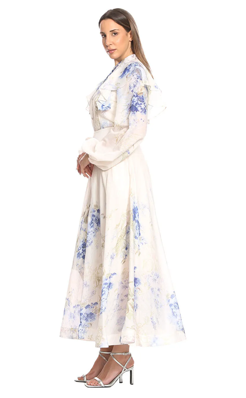 Blue Floral Ruffle Midi Dress