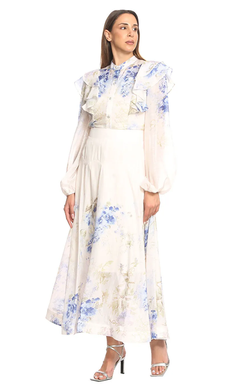 Blue Floral Ruffle Midi Dress