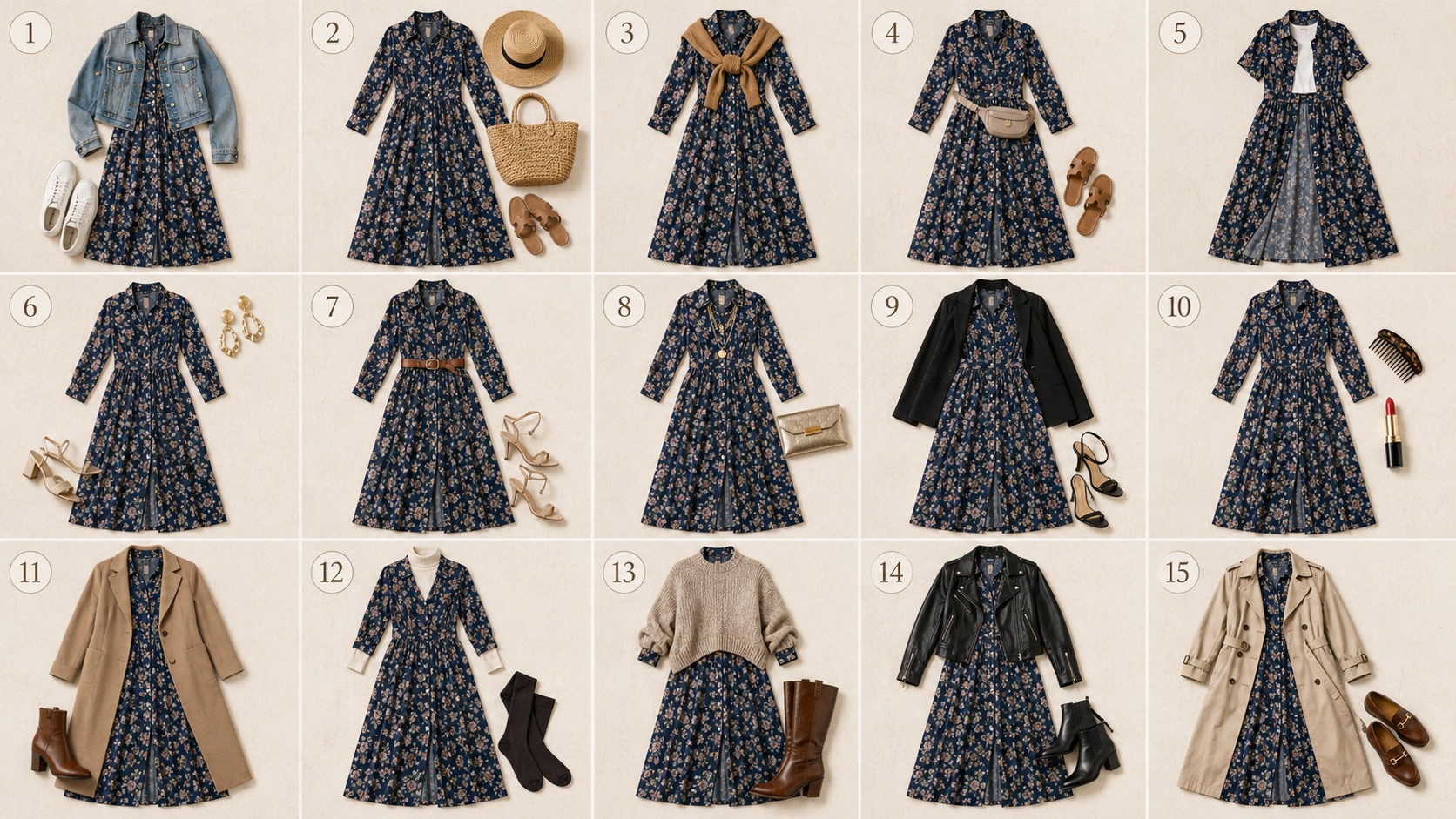 printed maxi dress styled fifteen ways with jackets, shoes and accessories