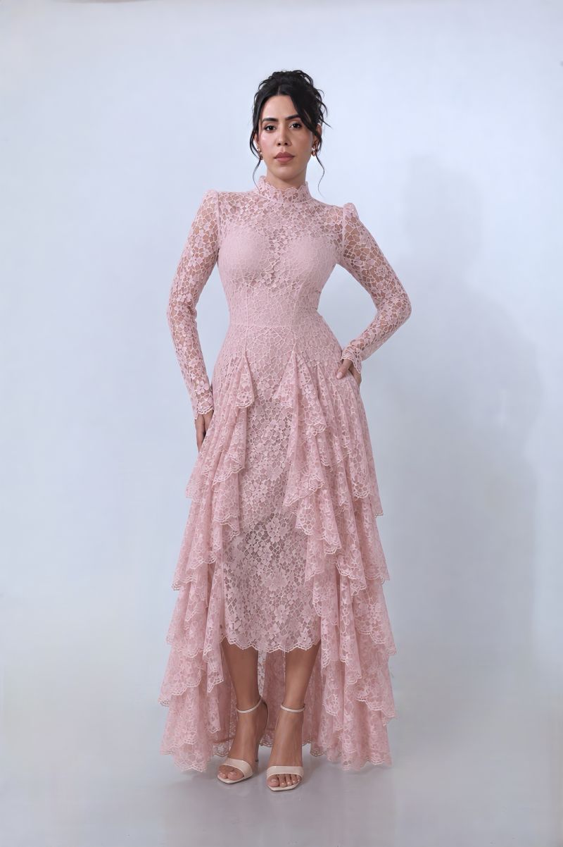 Honor Pink French Style Lace Cinched Waist Ruffled Dress