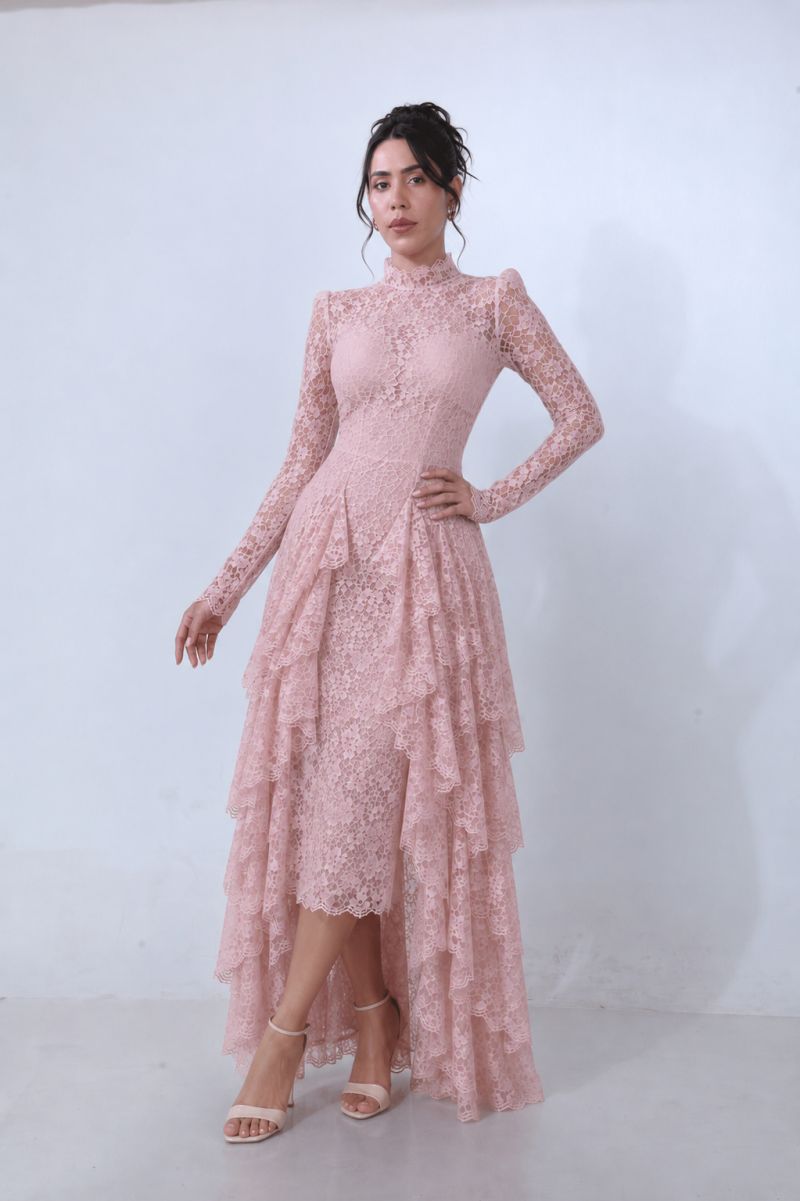 Honor Pink French Style Lace Cinched Waist Ruffled Dress