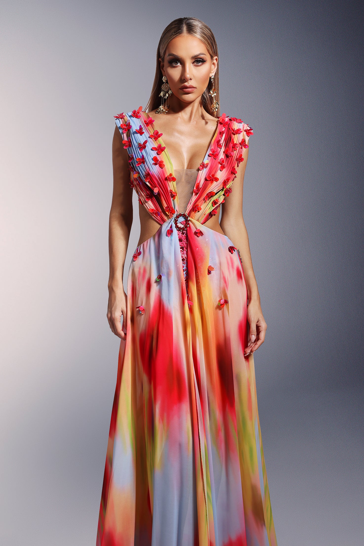 Dierea High Slit Sequins Deep-V Backless Maxi Dress