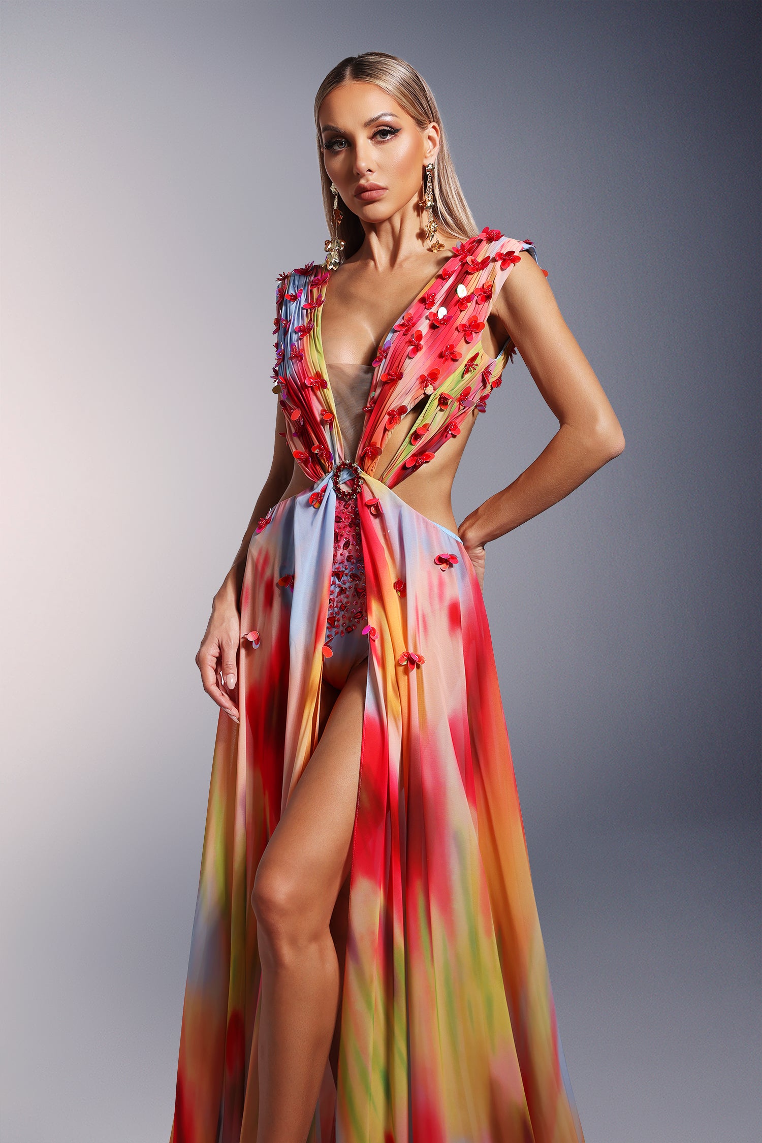 Dierea High Slit Sequins Deep-V Backless Maxi Dress