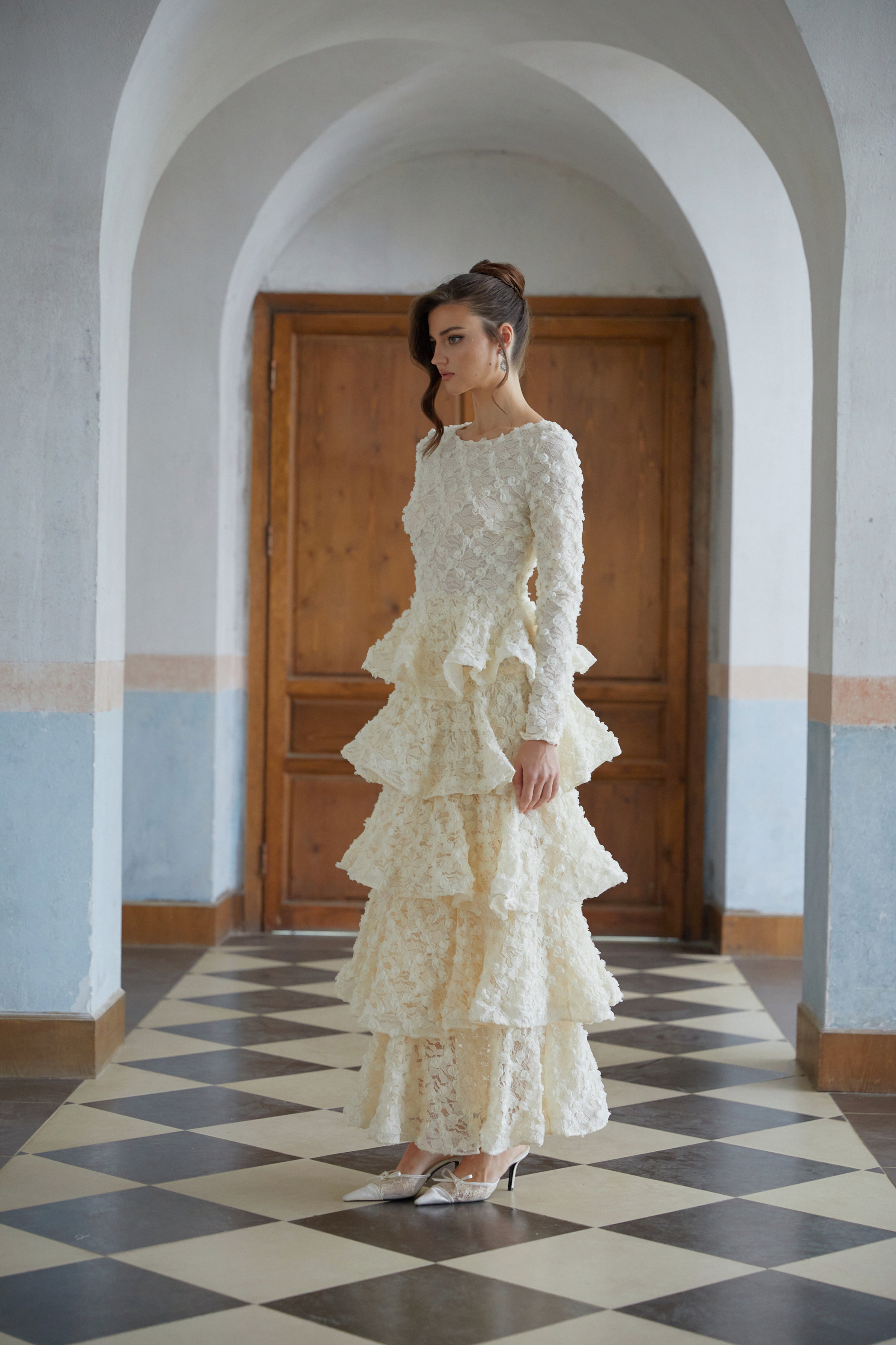 Halla Neutral Tiered Floral Lace Maxi Dress 4