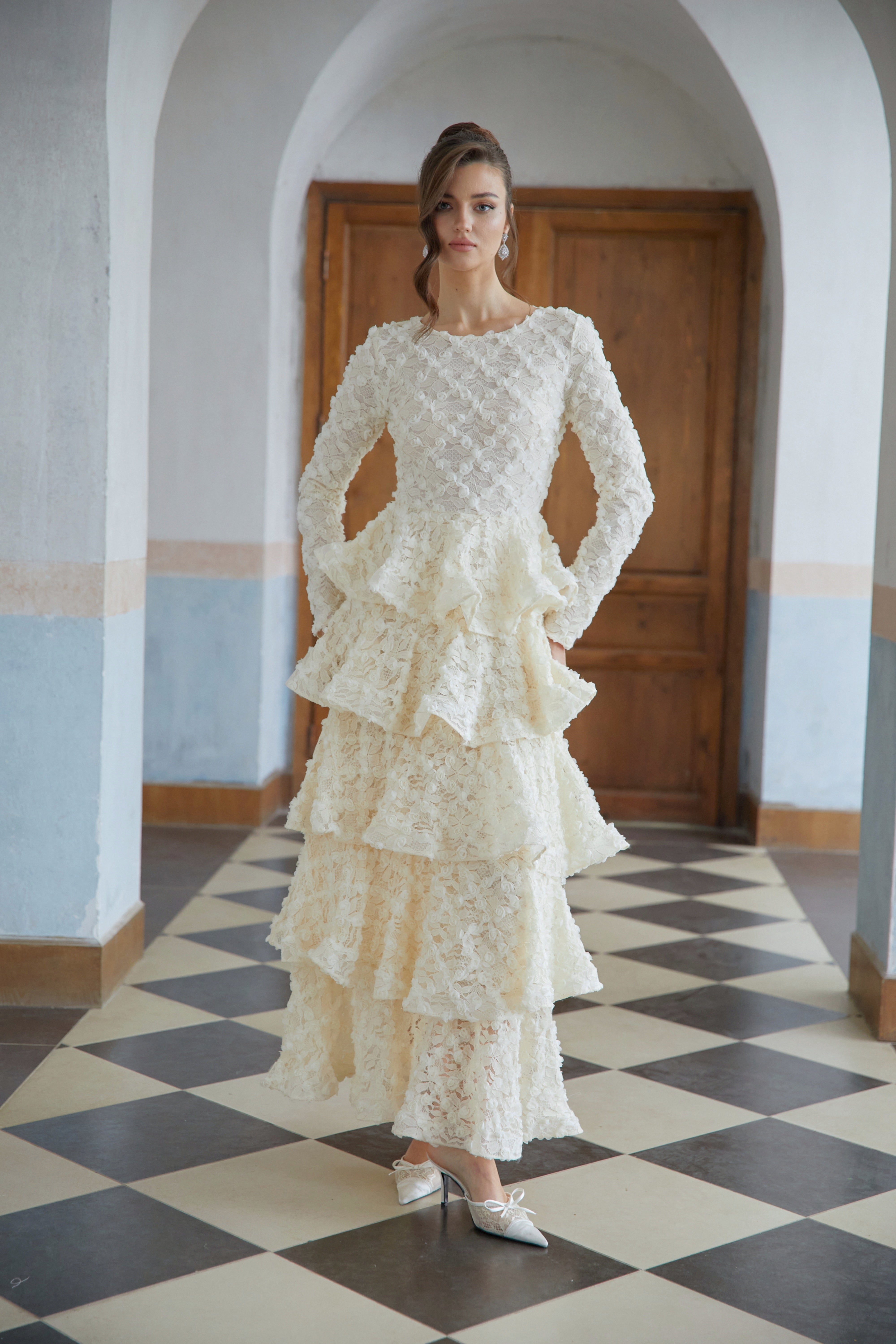 Halla Neutral Tiered Floral Lace Maxi Dress 5