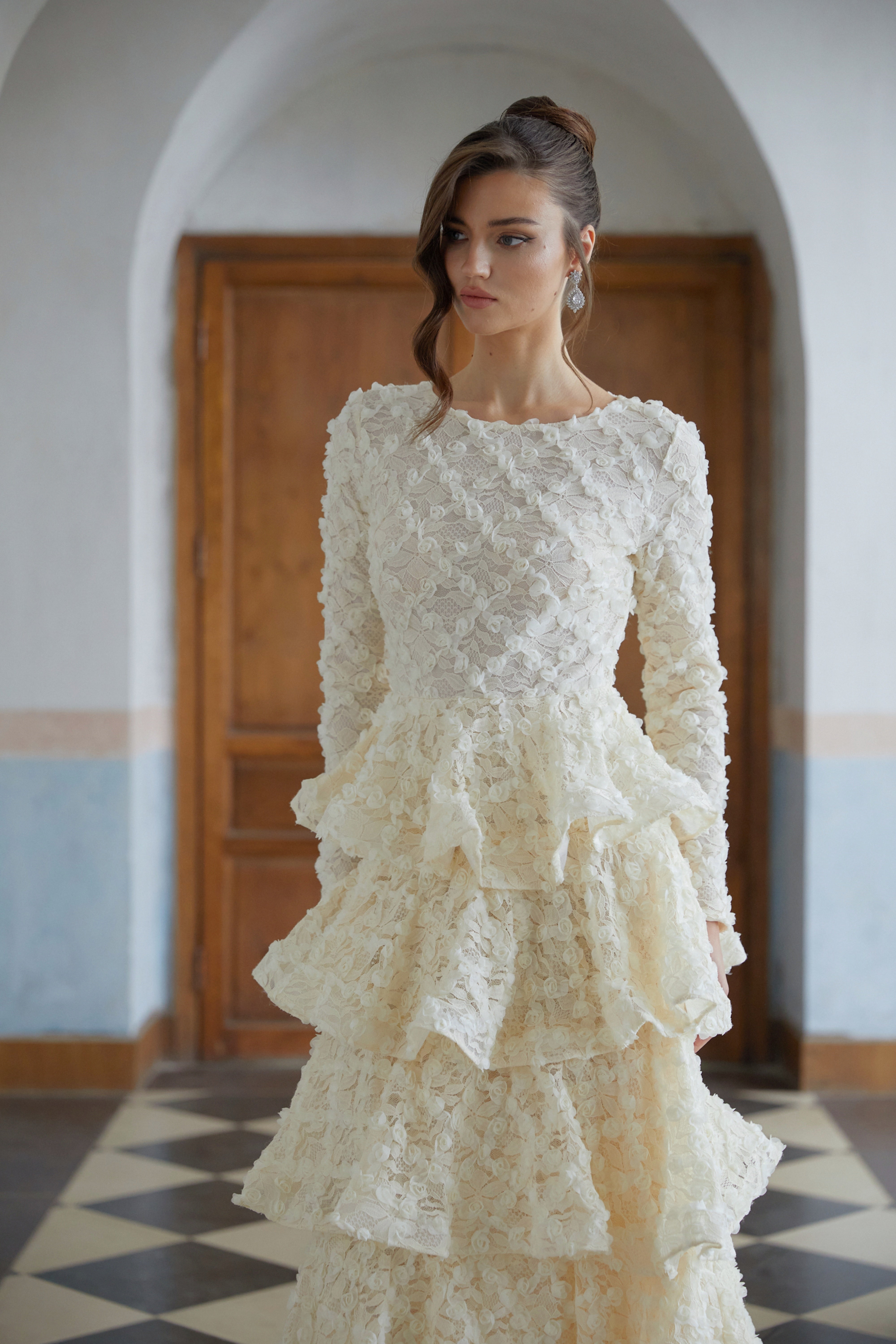 Halla Neutral Tiered Floral Lace Maxi Dress 6