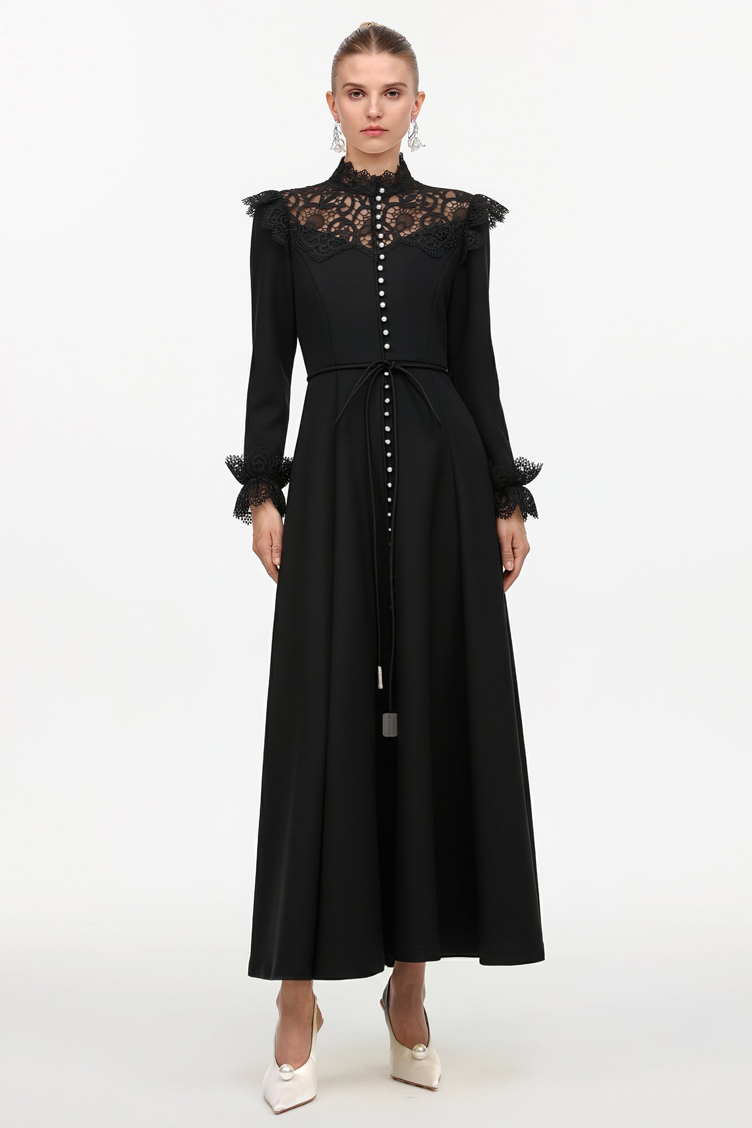 Eudora Romantic Flowy Long Sleeve Lace Woven Black Maxi Dress