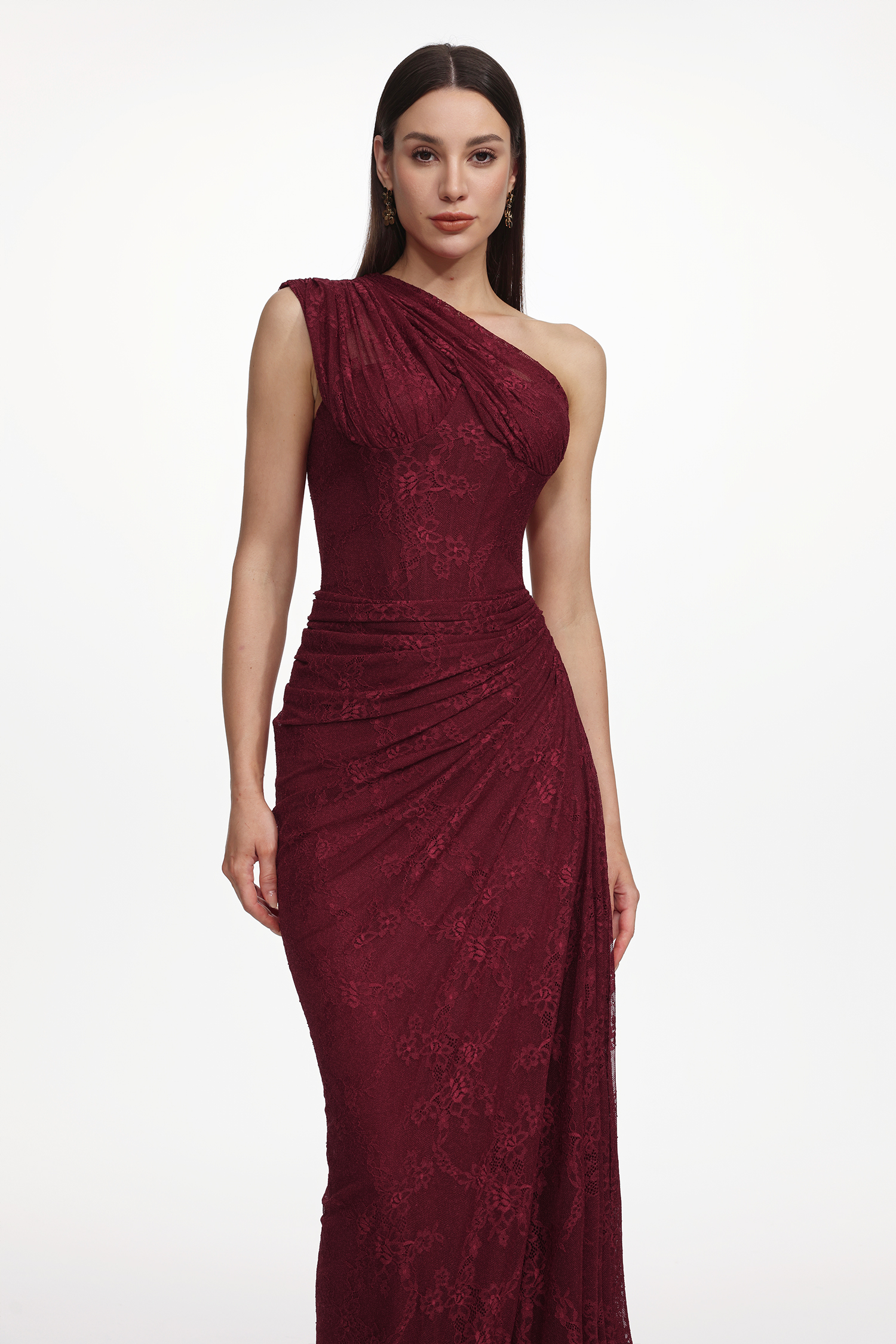 Finch Romantic Contour Sleeveless Ruched Lace Knit Maxi Dress