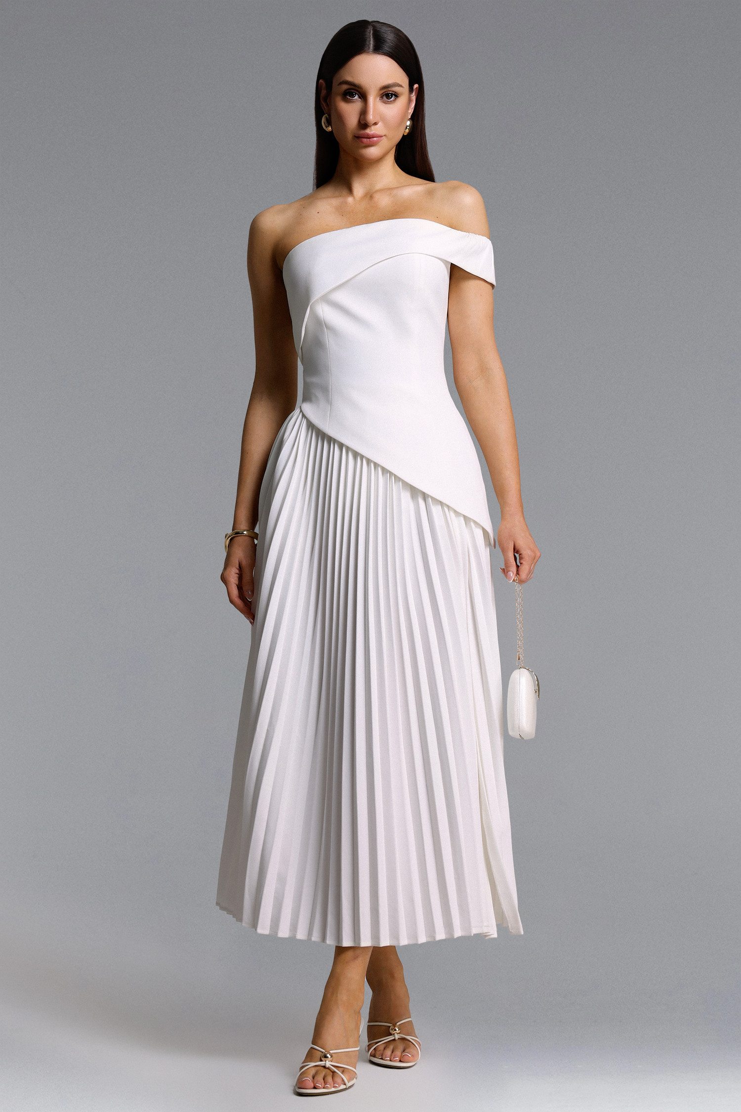 Vickee Elegant Tailored Off Shoulder Asymmetric Pleated Maxi Dress