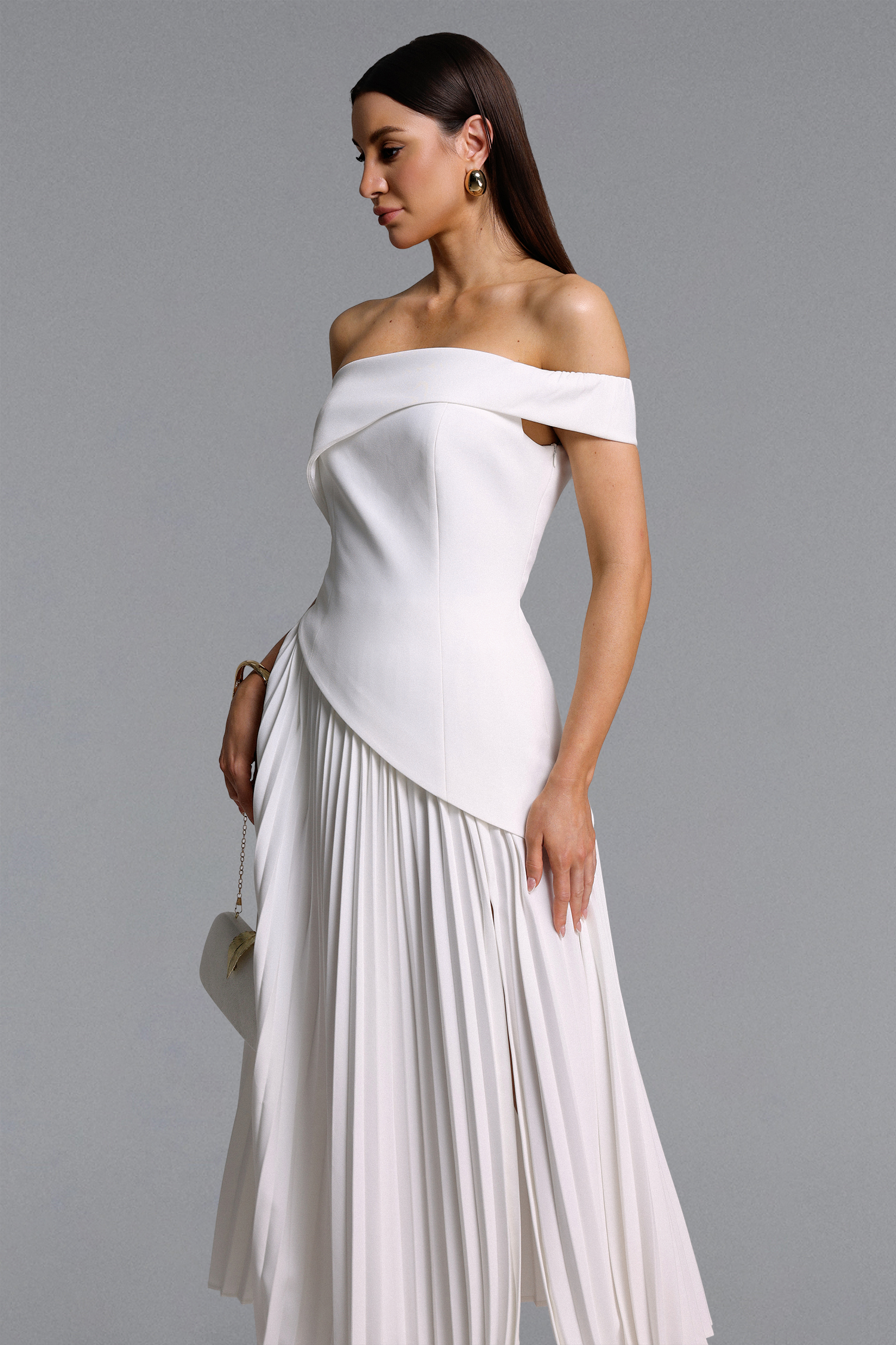 Vickee Elegant Tailored Off Shoulder Asymmetric Pleated Maxi Dress
