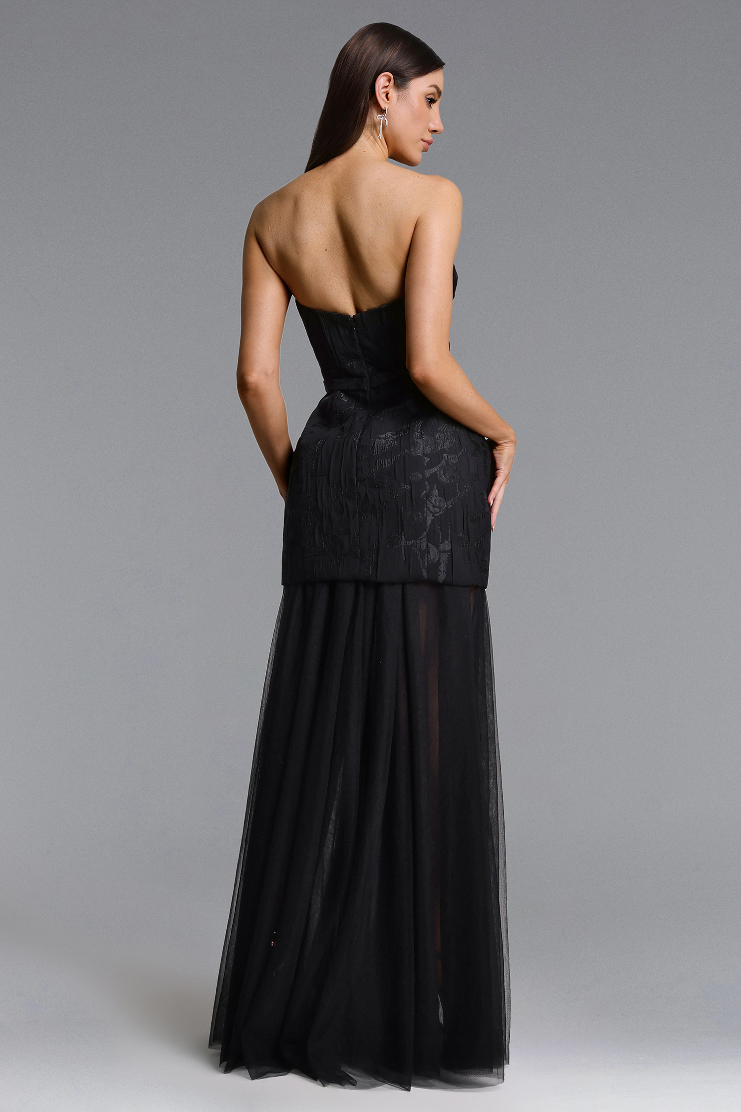 Margo Chic Contour Strapless Jacquard Floral Tulle Maxi Dress