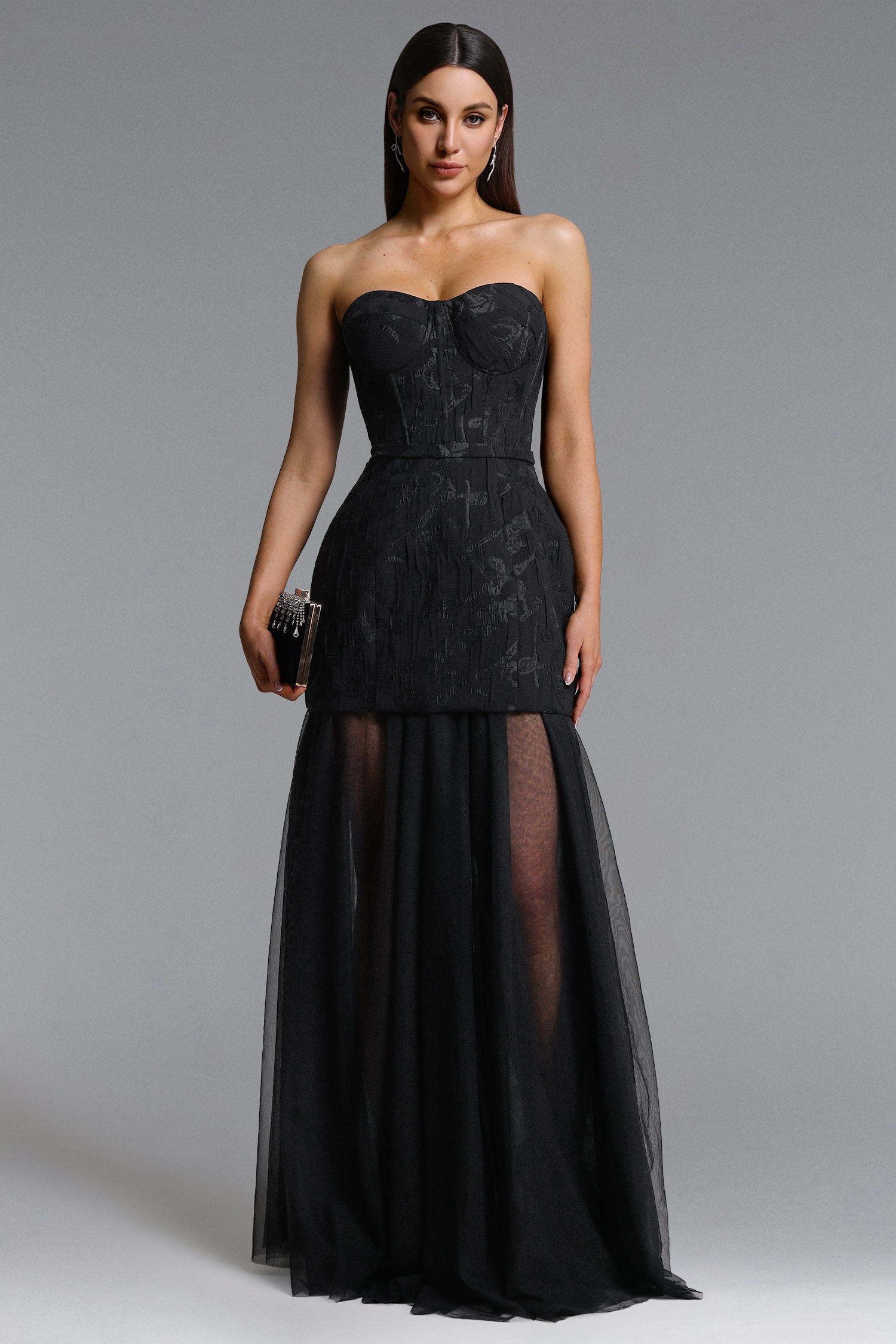 Margo Chic Contour Strapless Jacquard Floral Tulle Maxi Dress
