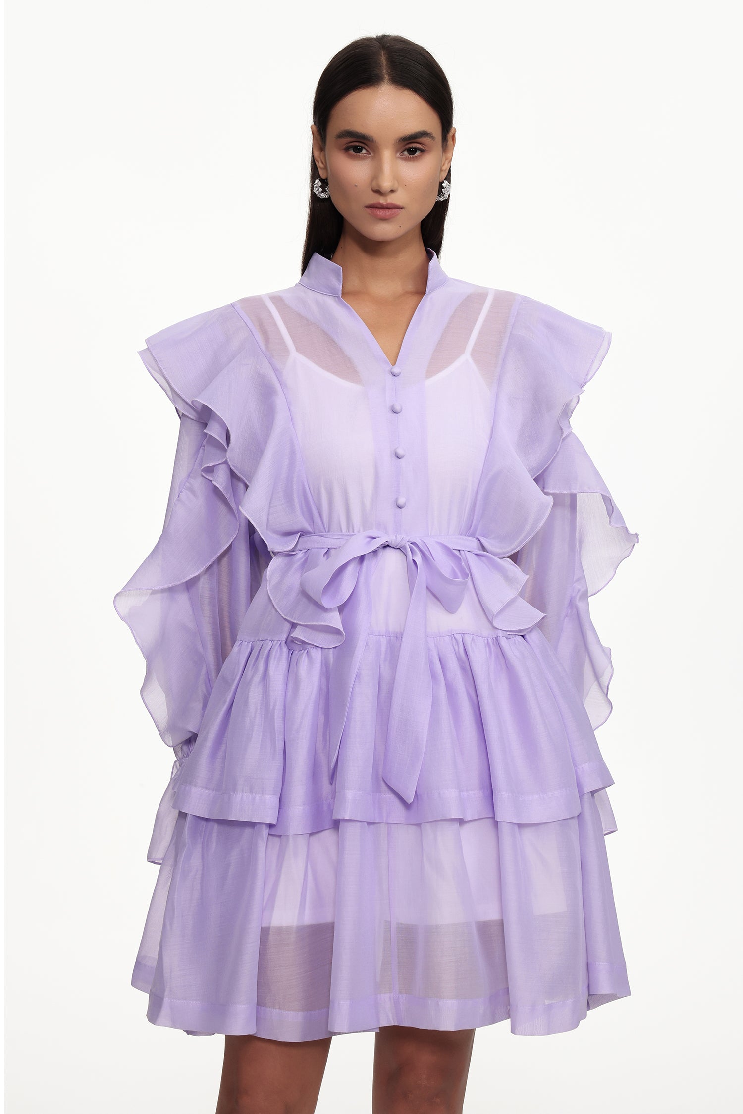 Kalic Resort Flowy Long Sleeve Buttoned Ruffle Woven Mini Dress	