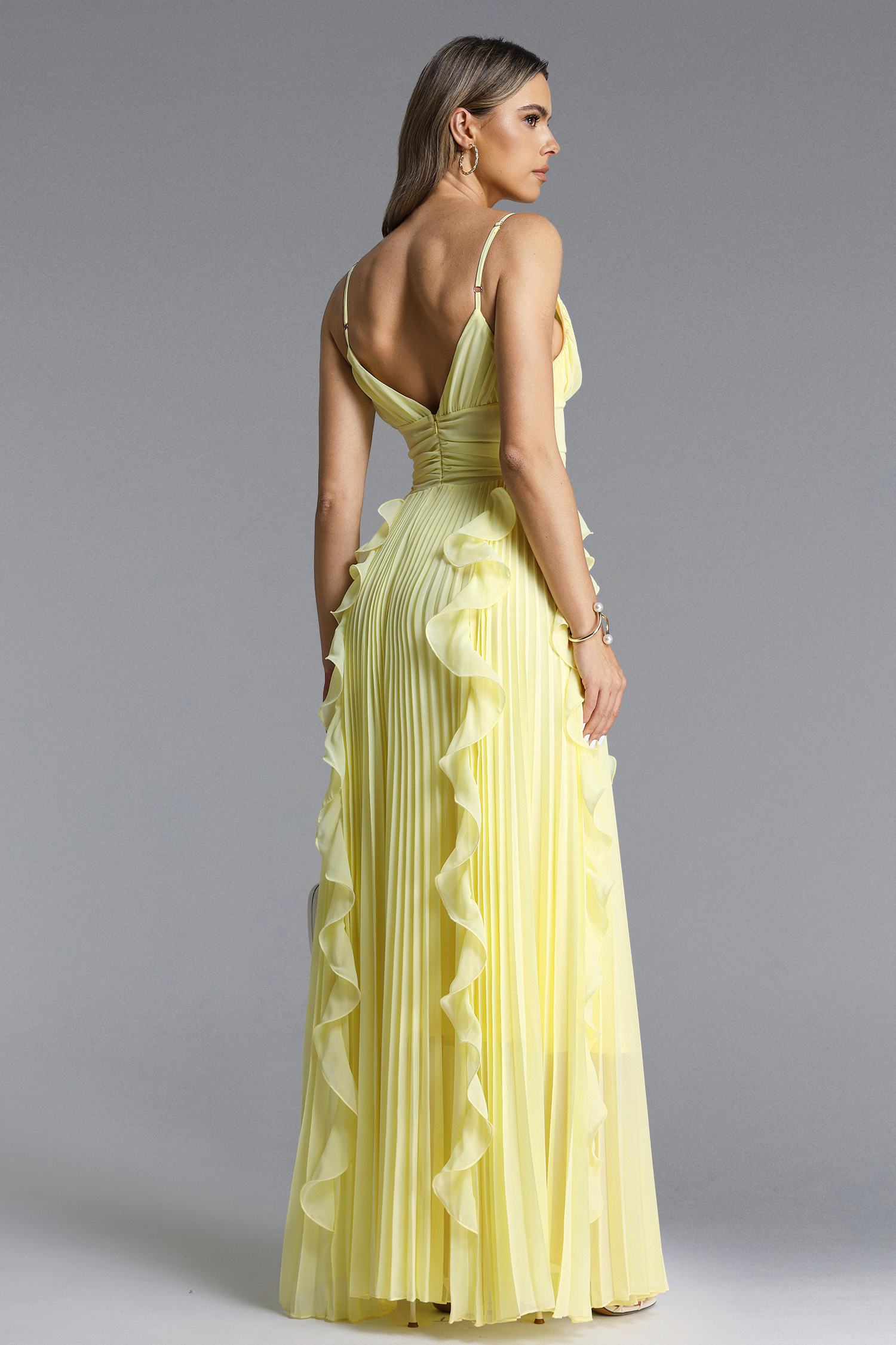 Viky Elegant Flowy Sleeveless Pleated Ruffle Maxi Dress