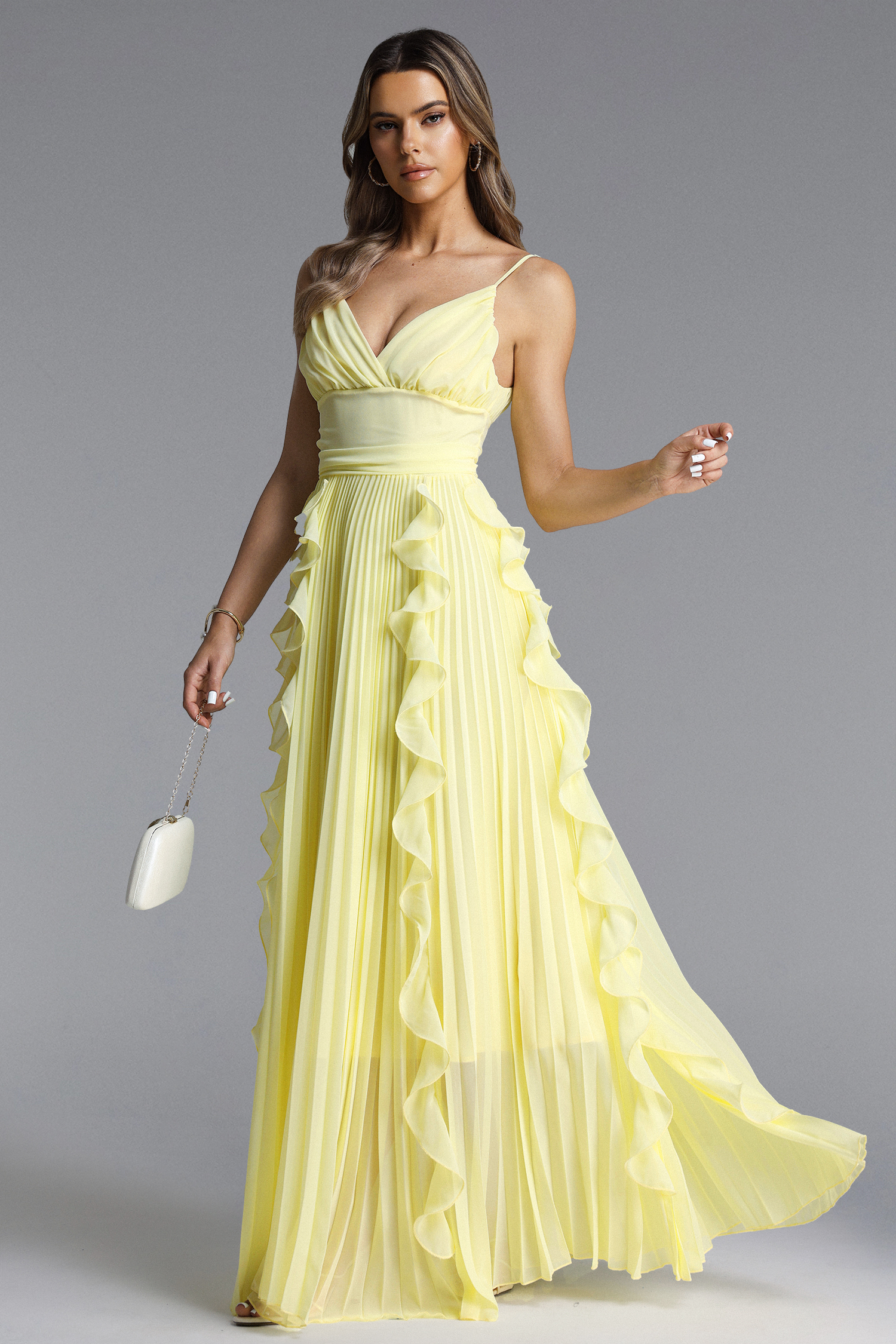 Viky Elegant Flowy Sleeveless Pleated Ruffle Maxi Dress