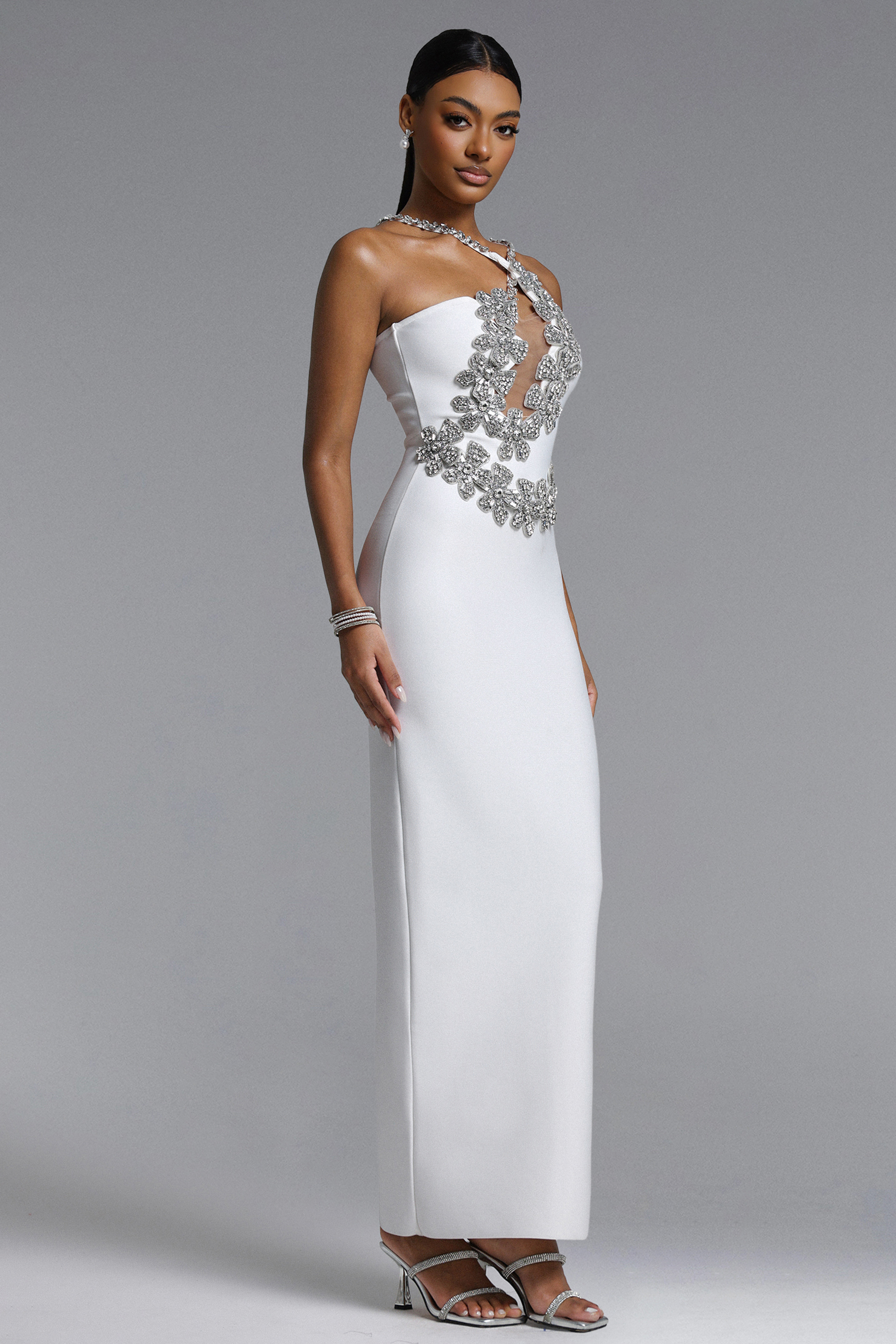 Veronic Glamorous Contour Halter Cut Out Rhinestone Floral Bandage Maxi Dress