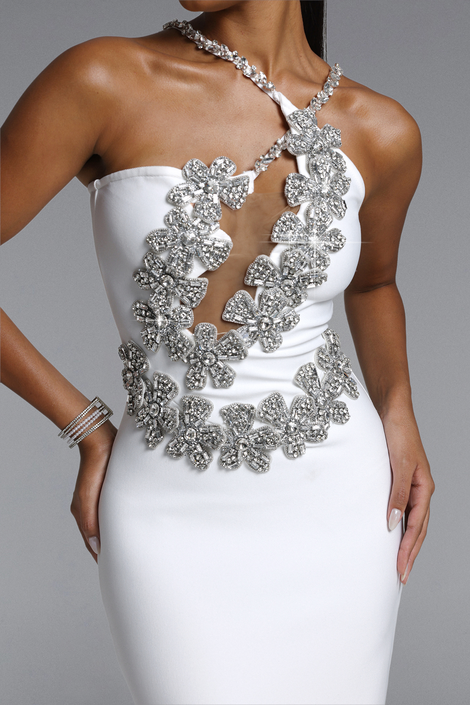 Veronic Glamorous Contour Halter Cut Out Rhinestone Floral Bandage Maxi Dress