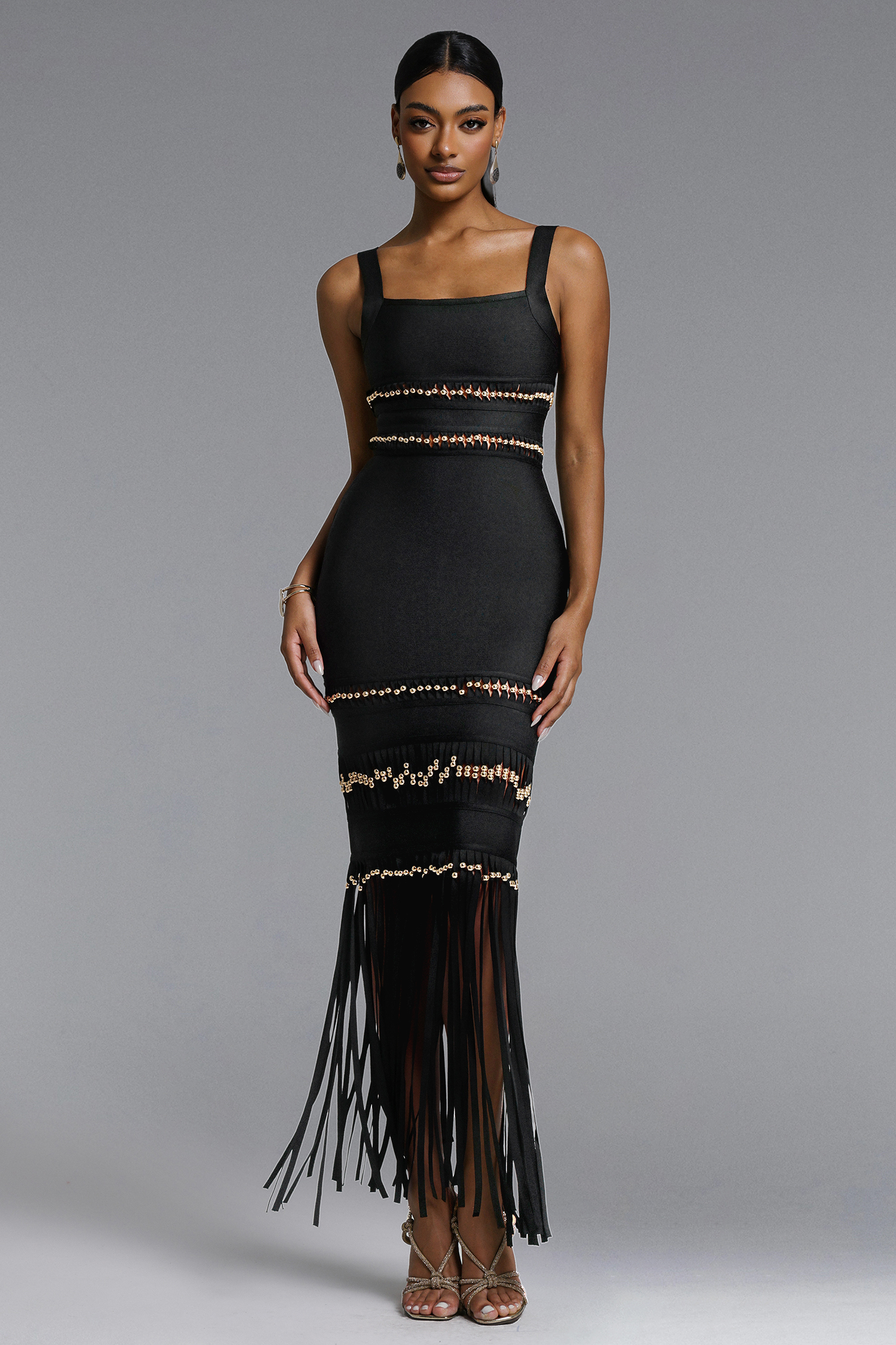 Shanley Chic Contour Sleeveless Beaded Fringe Black Bandage Maxi Dress