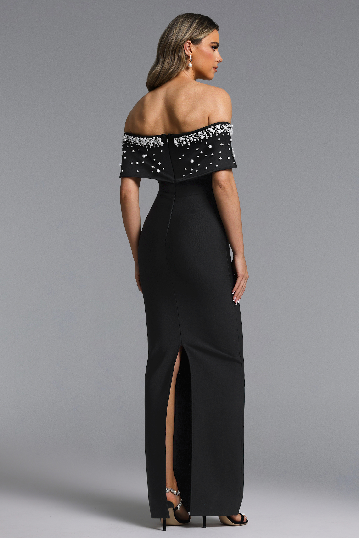 Isme Elegant Contour Off Shoulder Pearl Rhinestone Black Bandage Maxi Dress