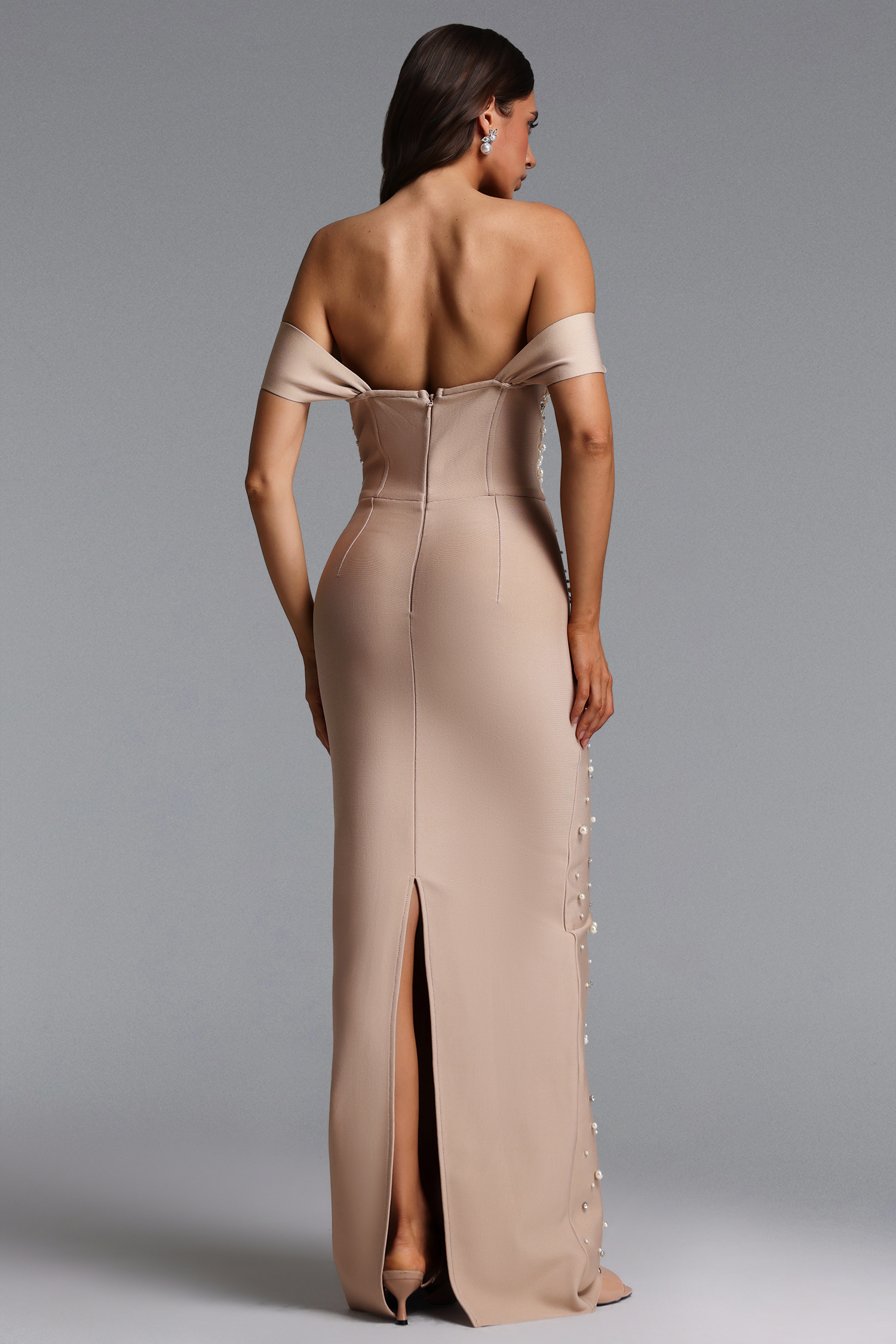 Jaylee Glamorous Off Shoulder Pearl Rhinestone Bandage Maxi Dress