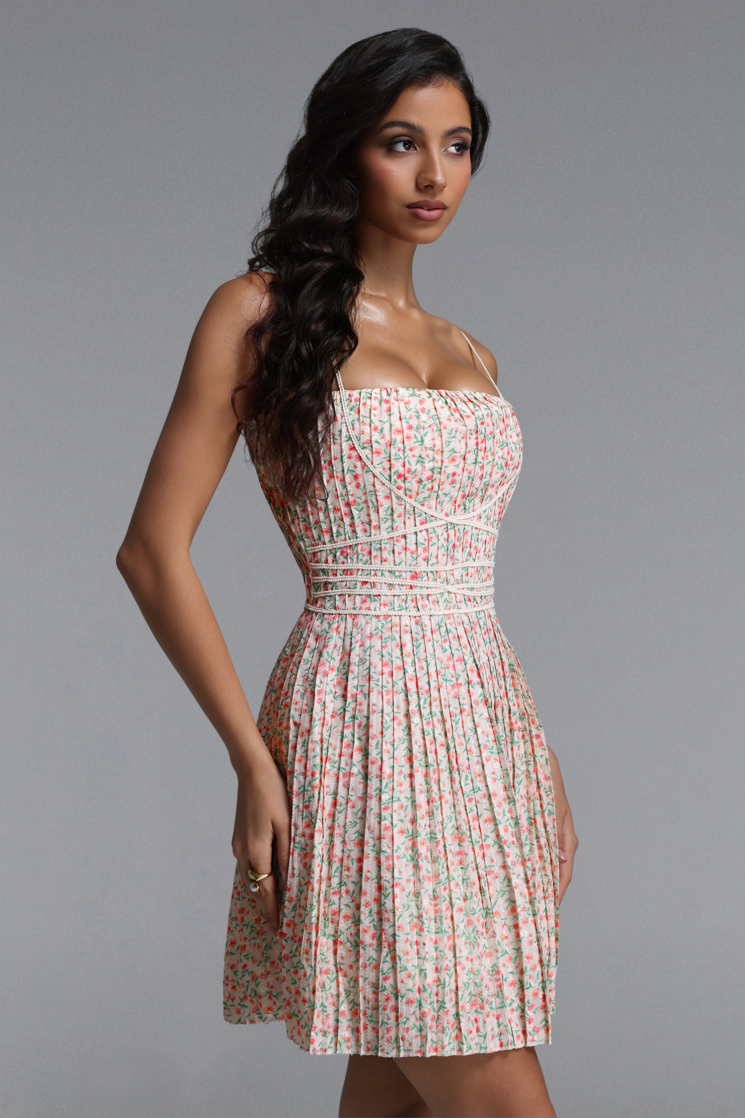 Modan Romantic Cinched Sleeveless Floral Print Pleated Woven Mini Dress