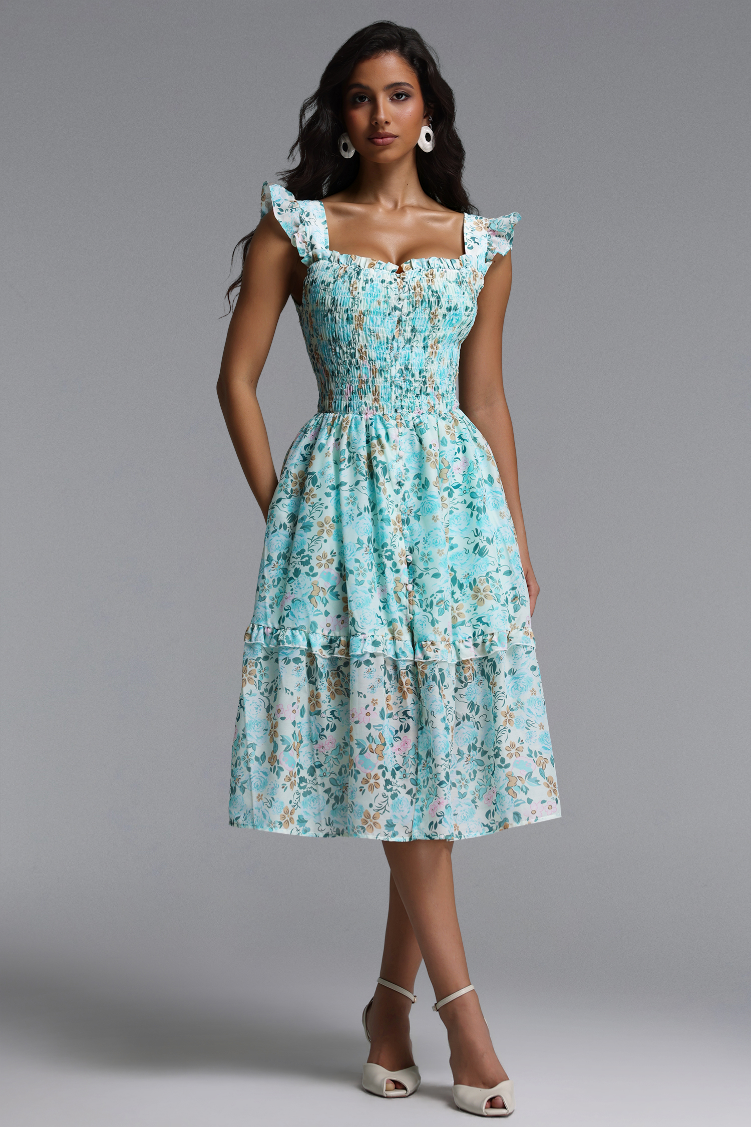 Myla Resort Flowy Sleeveless Ruffle Floral Print Woven Midi Dress