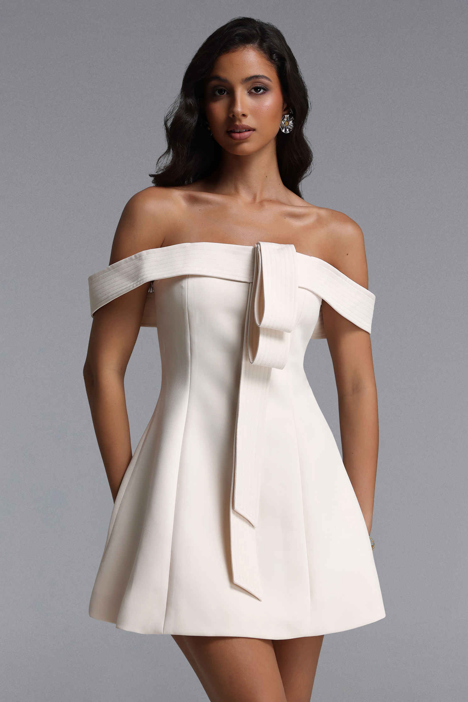 Morgan Chic Tailored Off Shoulder Woven Mini Dress
