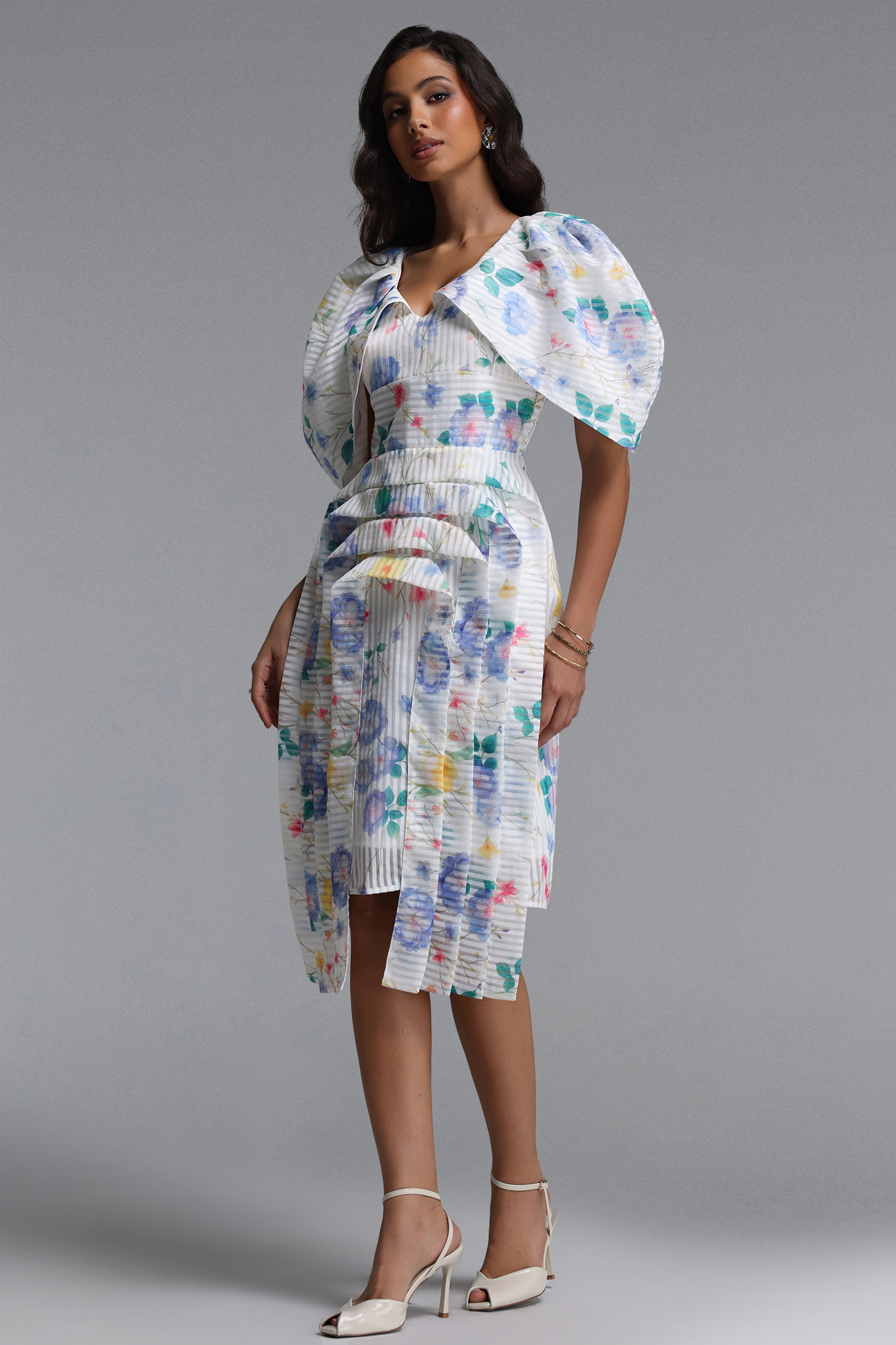 Wezal Chic Tailored Floral Print Stripe Woven Midi Dress