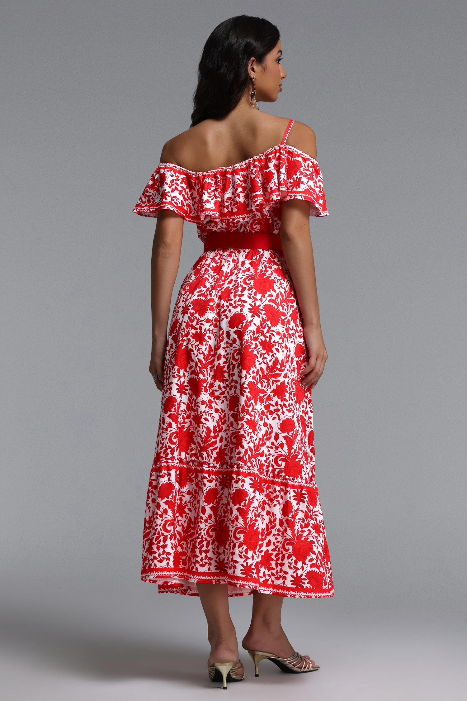 Sweet Resort Flowy Ruffle Floral Print Woven Maxi Dress