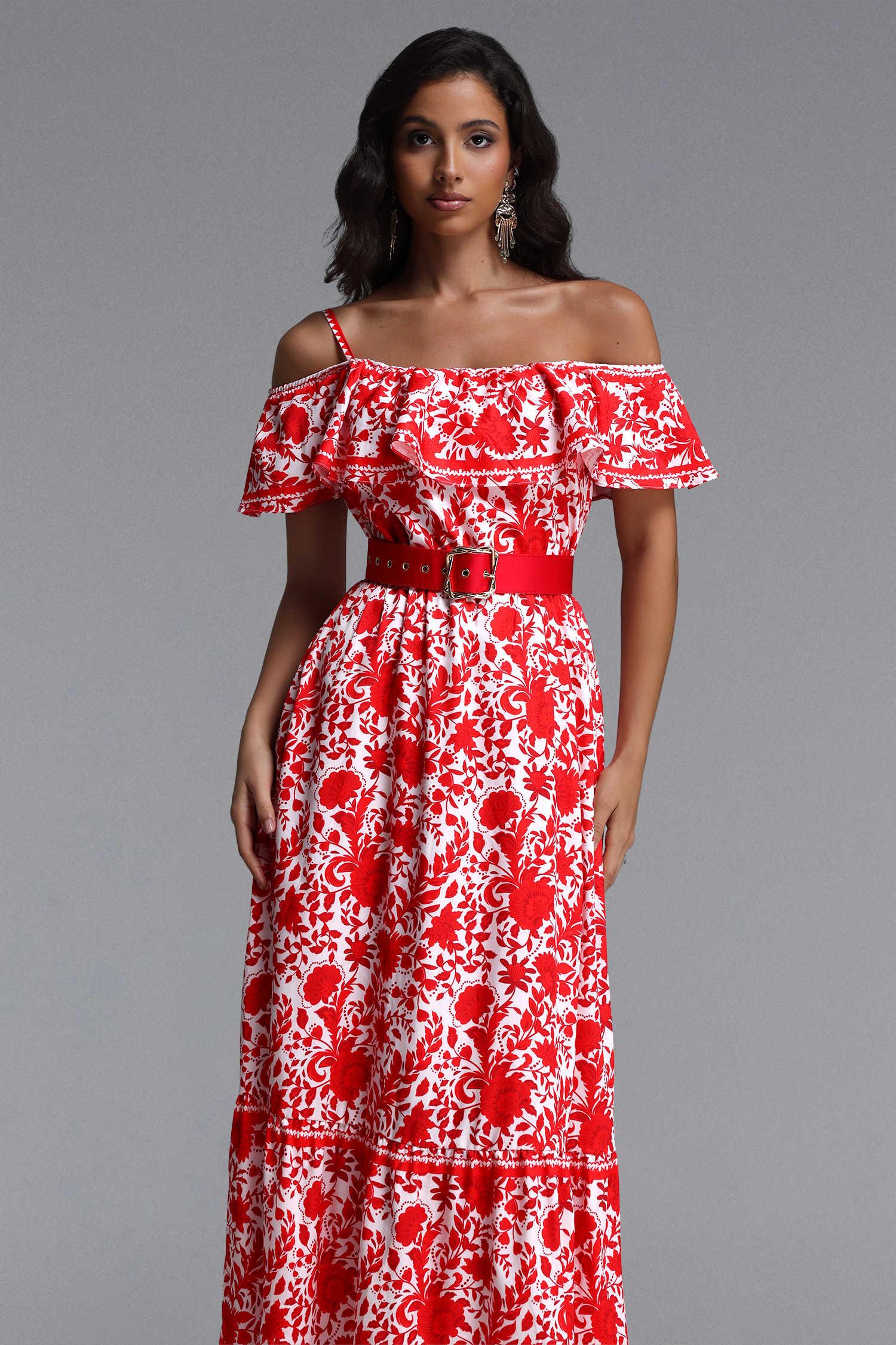 Sweet Resort Flowy Ruffle Floral Print Woven Maxi Dress