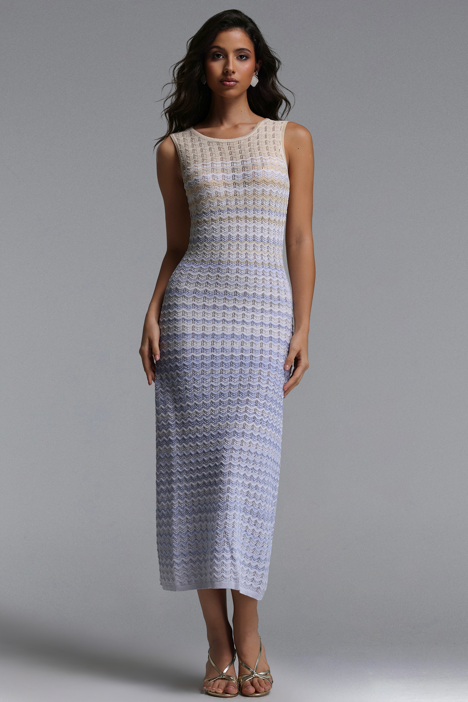 Lauren Resort Contour Round Neck Sleeveless Stripe Knit Maxi Dress