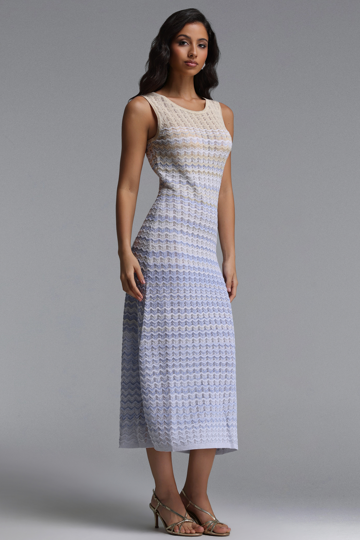 Lauren Resort Contour Round Neck Sleeveless Stripe Knit Maxi Dress