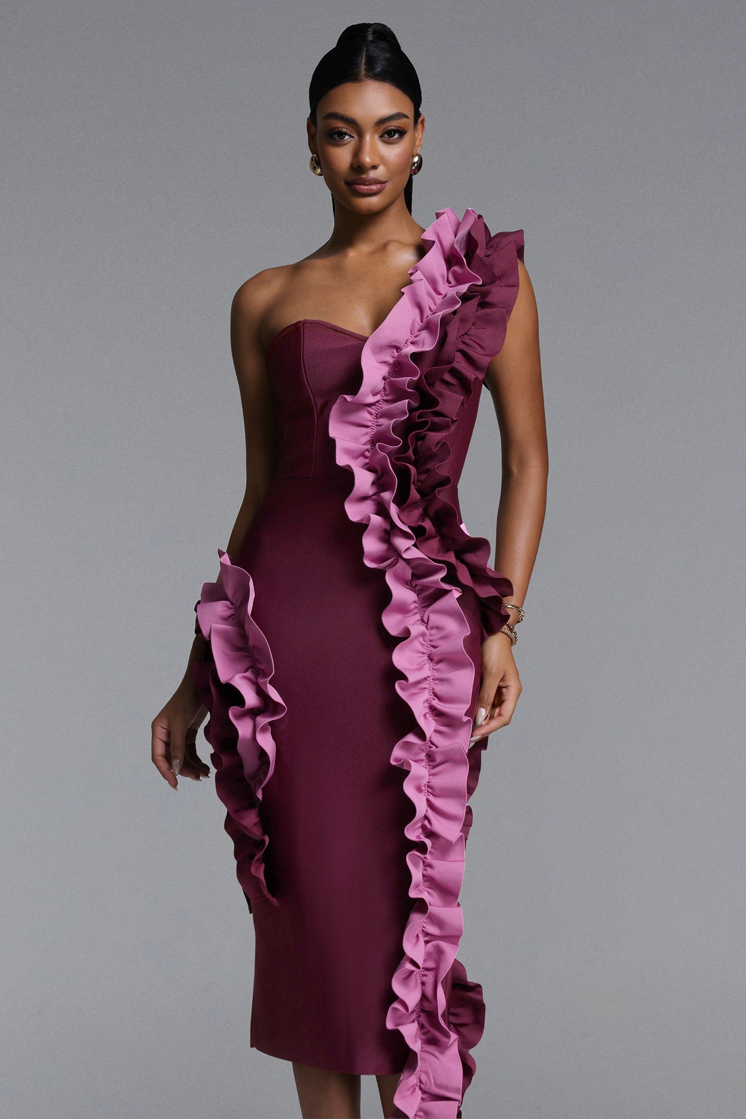 Gaia Chic Contour Strapless Ruffle Bandage Maxi Dress