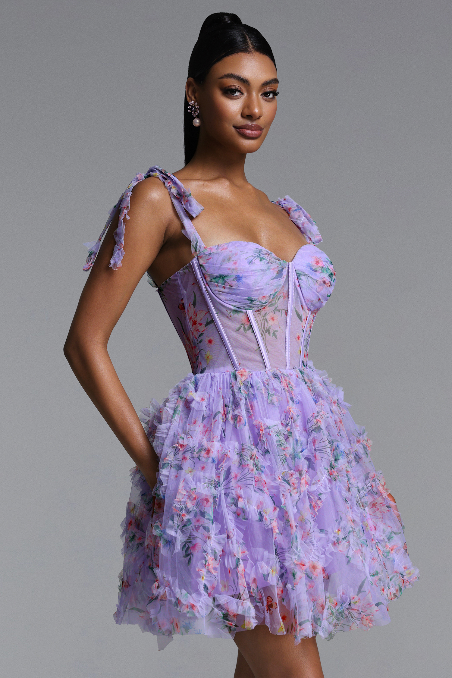Mitra Romantic Tailored Floral Print Corset Mini Dress