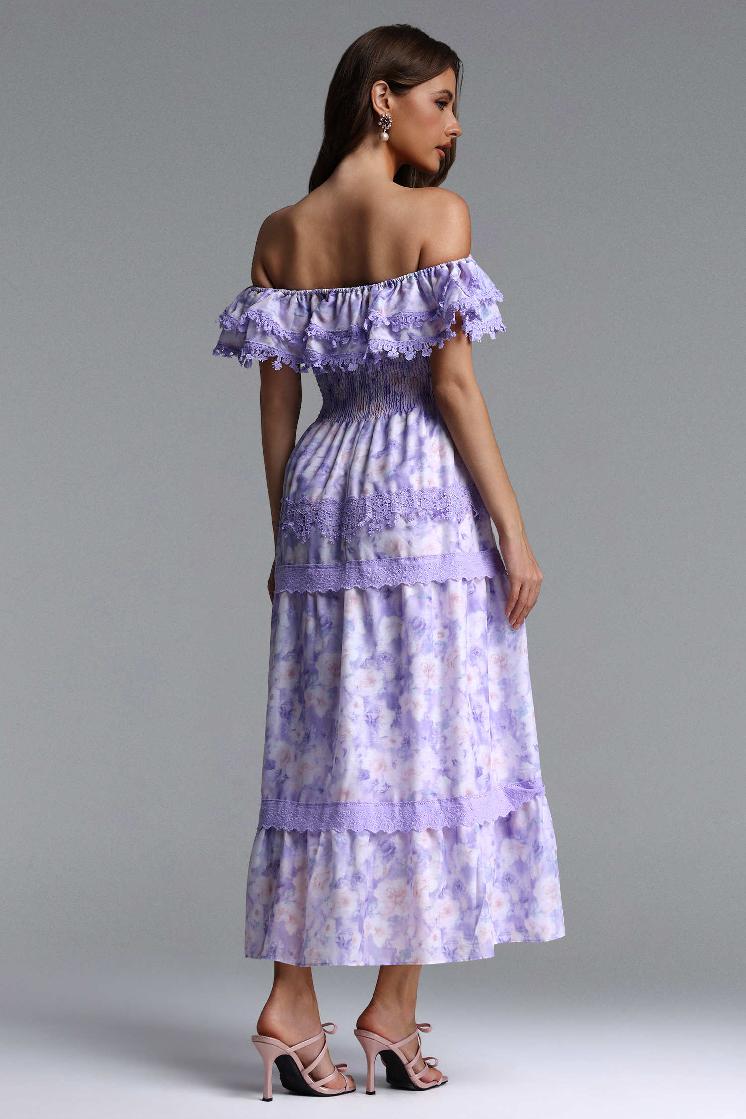 Kisa Resort Flowy Off Shoulder Ruffle Floral Print Woven Maxi Dress