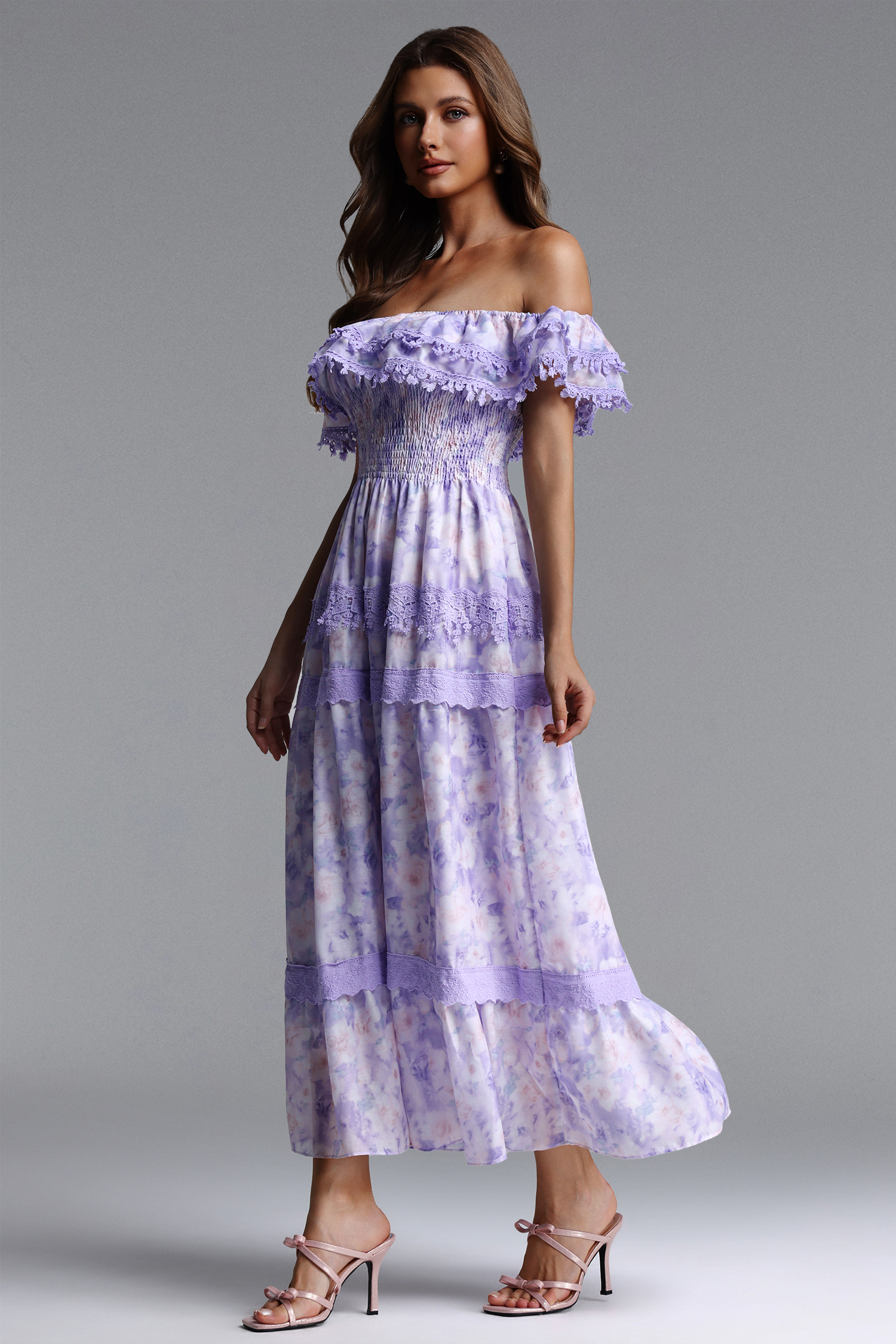 Kisa Resort Flowy Off Shoulder Ruffle Floral Print Woven Maxi Dress