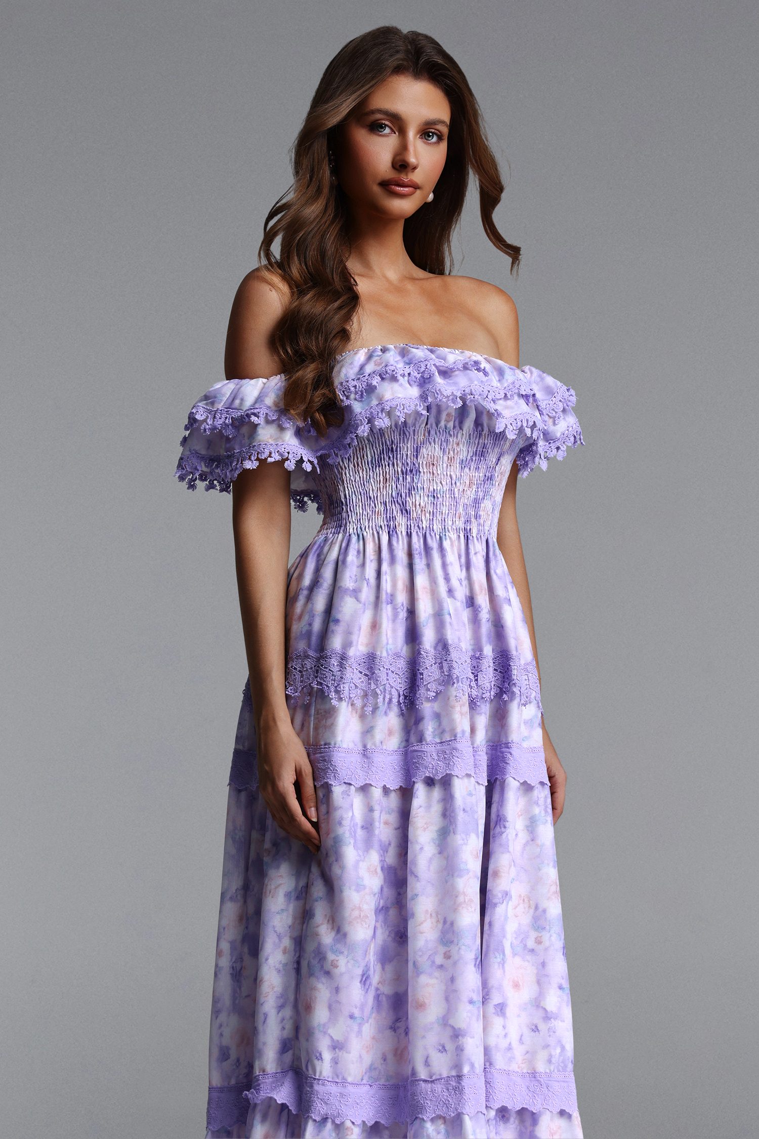 Kisa Resort Flowy Off Shoulder Ruffle Floral Print Woven Maxi Dress