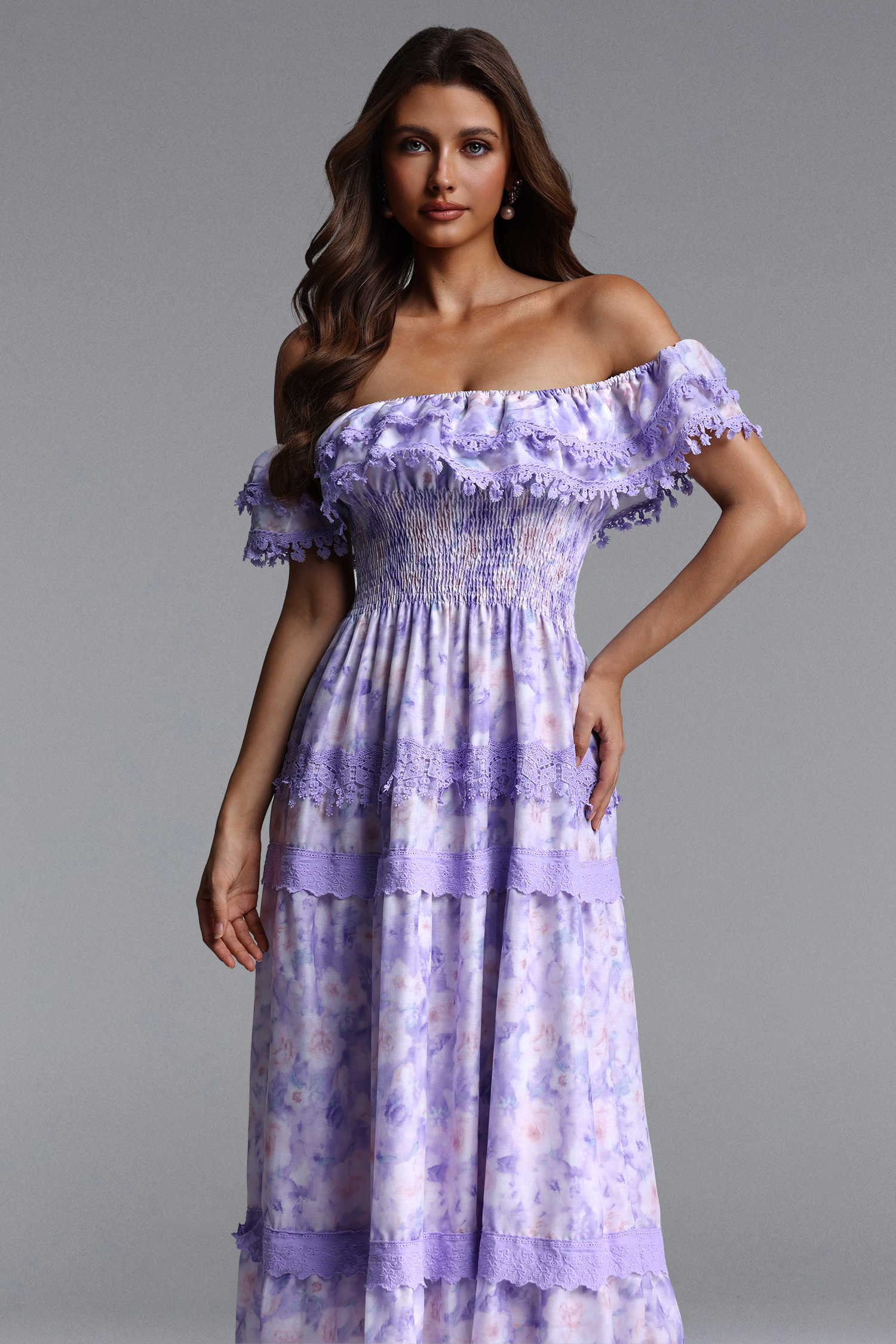 Kisa Resort Flowy Off Shoulder Ruffle Floral Print Woven Maxi Dress