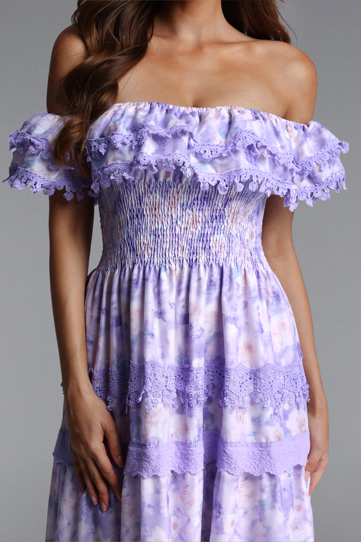 Kisa Resort Flowy Off Shoulder Ruffle Floral Print Woven Maxi Dress
