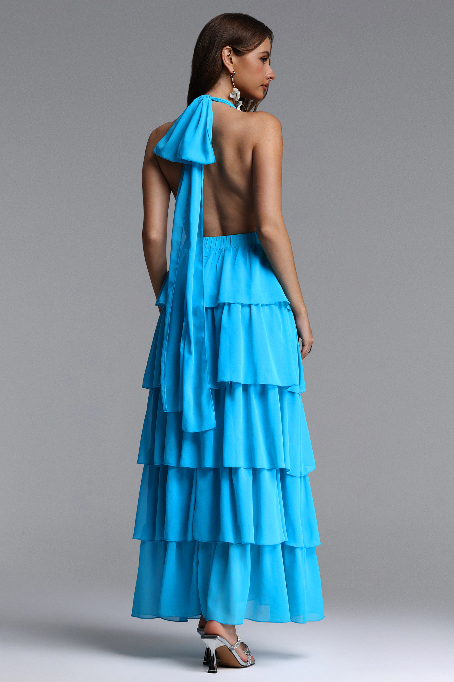 Yahir Resort Flowy V Neck Sleeveless Ruffle Chiffon Maxi Dress