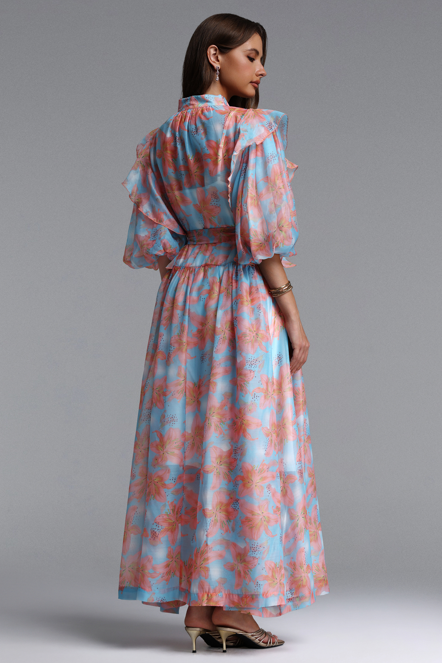 Vandra Resort Flowy Puff Sleeve Floral Print Organza Maxi Dress