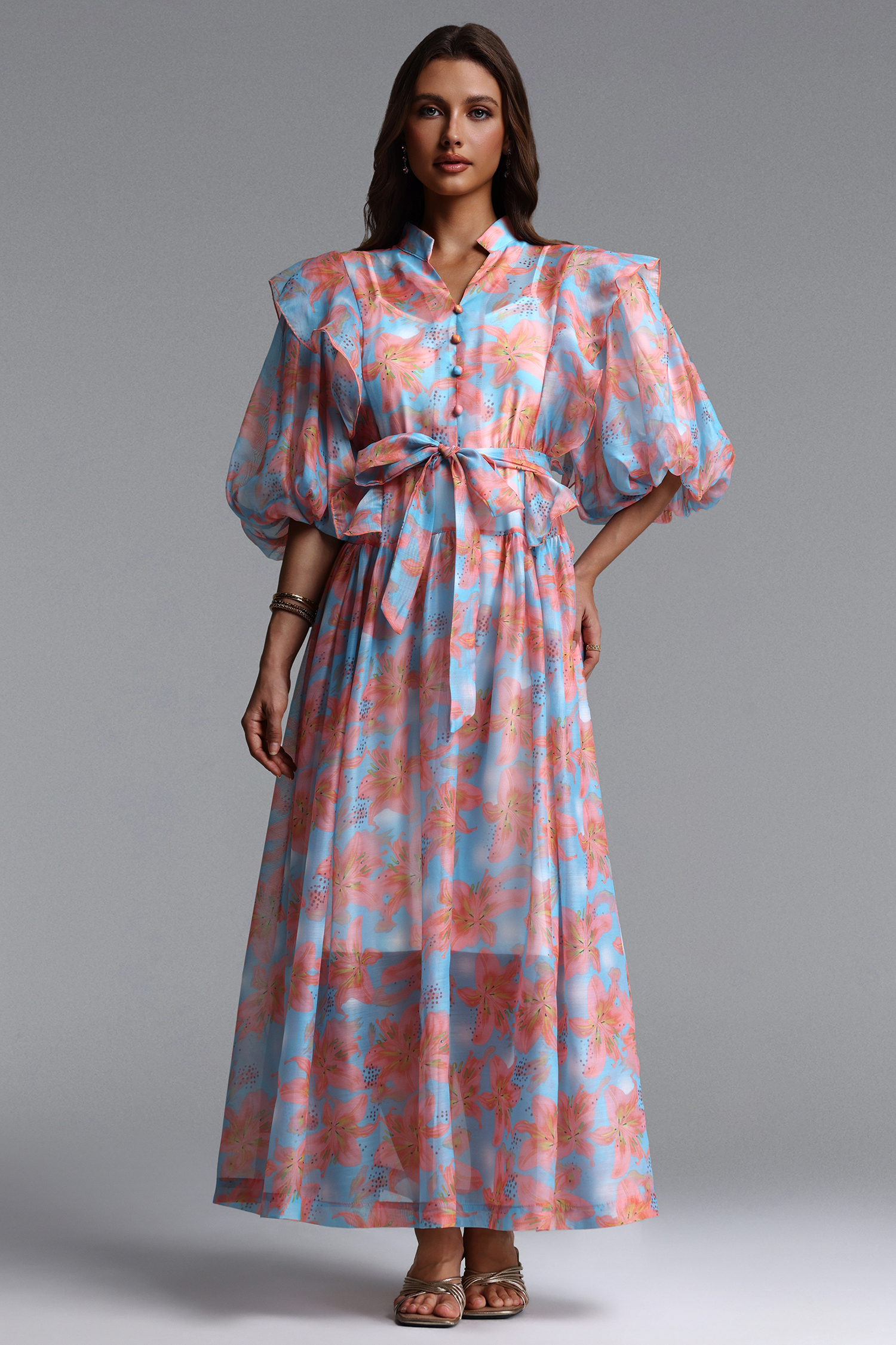 Vandra Resort Flowy Puff Sleeve Floral Print Organza Maxi Dress