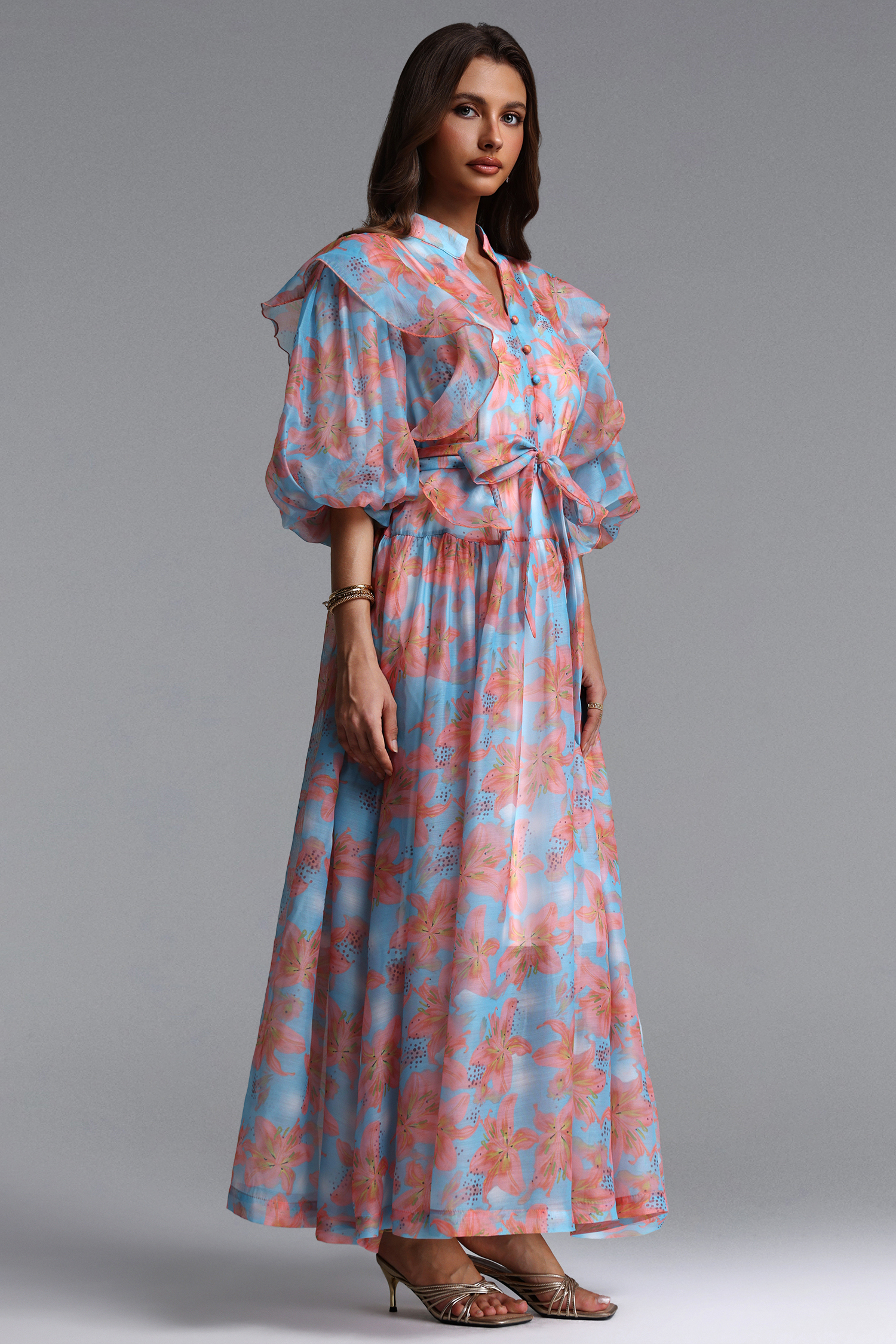 Vandra Resort Flowy Puff Sleeve Floral Print Organza Maxi Dress