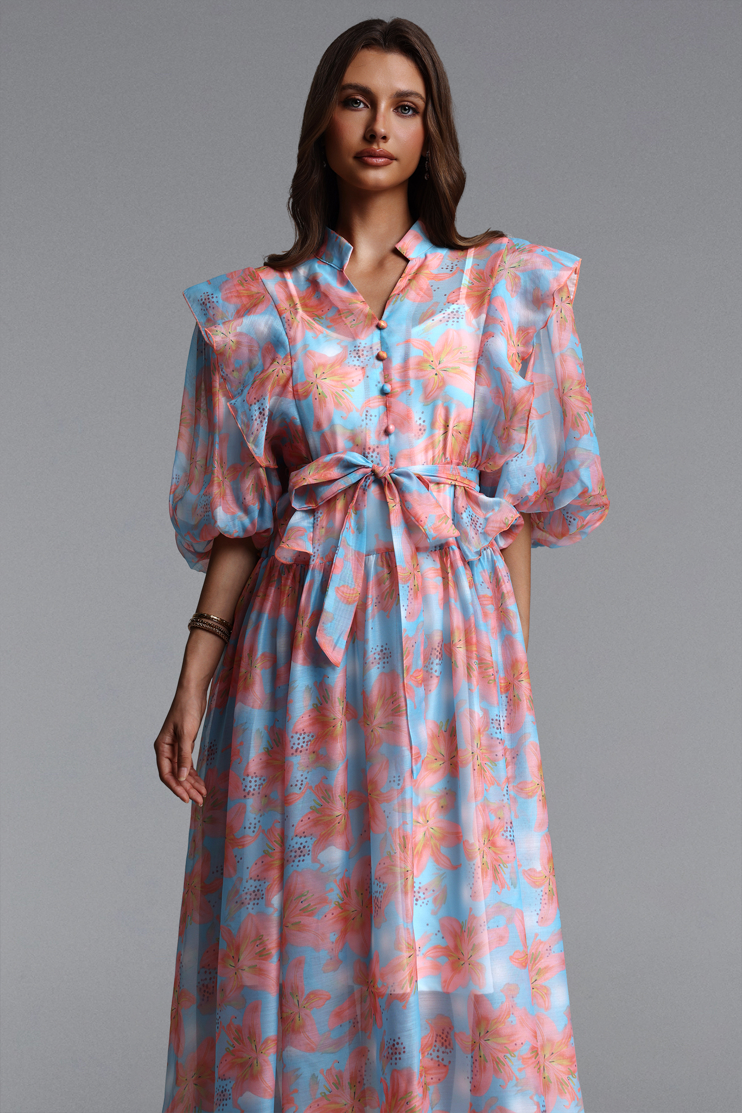 Vandra Resort Flowy Puff Sleeve Floral Print Organza Maxi Dress