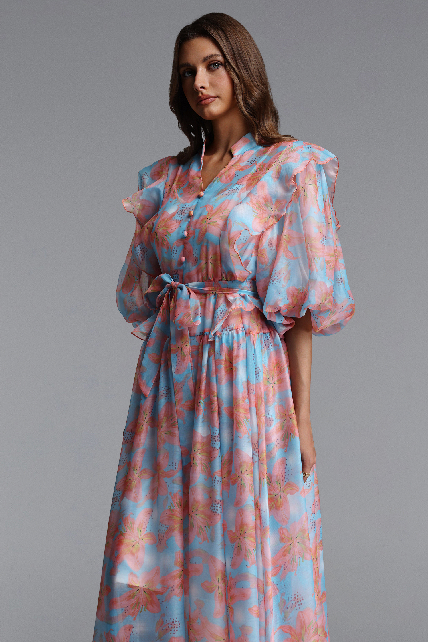 Vandra Resort Flowy Puff Sleeve Floral Print Organza Maxi Dress