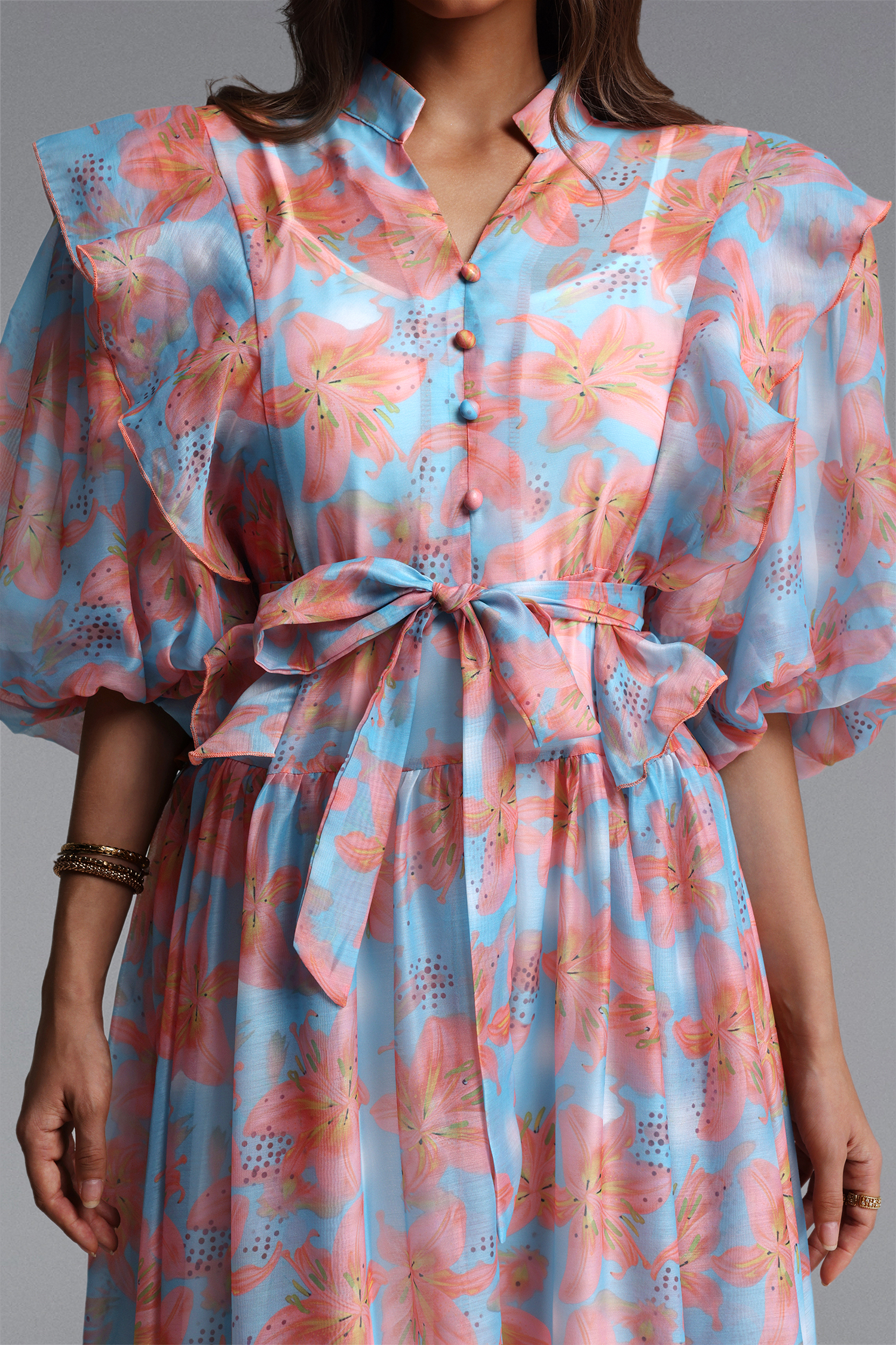 Vandra Resort Flowy Puff Sleeve Floral Print Organza Maxi Dress